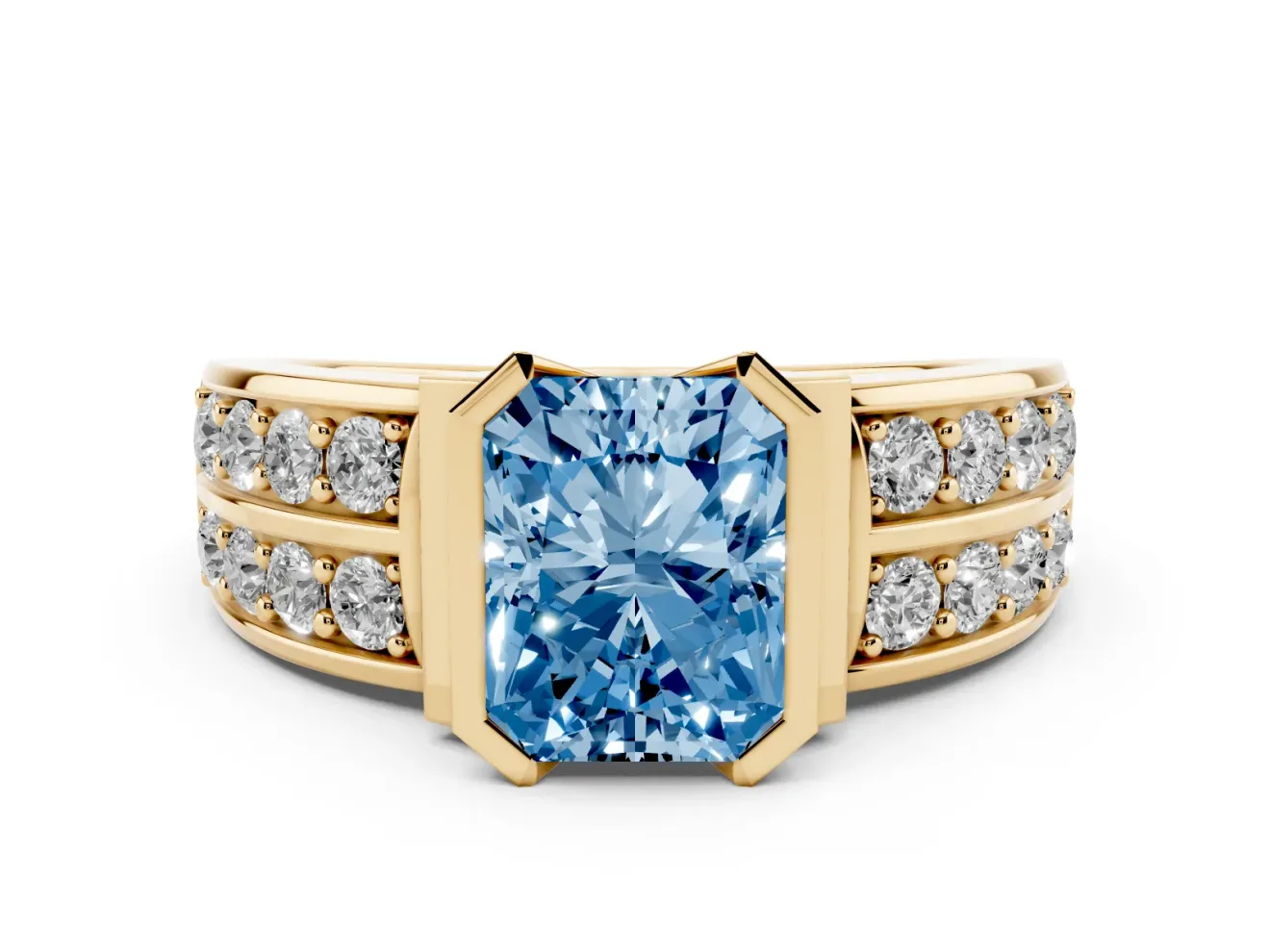 Radiant Cut Half Bezel Engagement Ring Setting for a Fancy Blue Lab-Grown Diamond | Channel Band | Yellow Gold