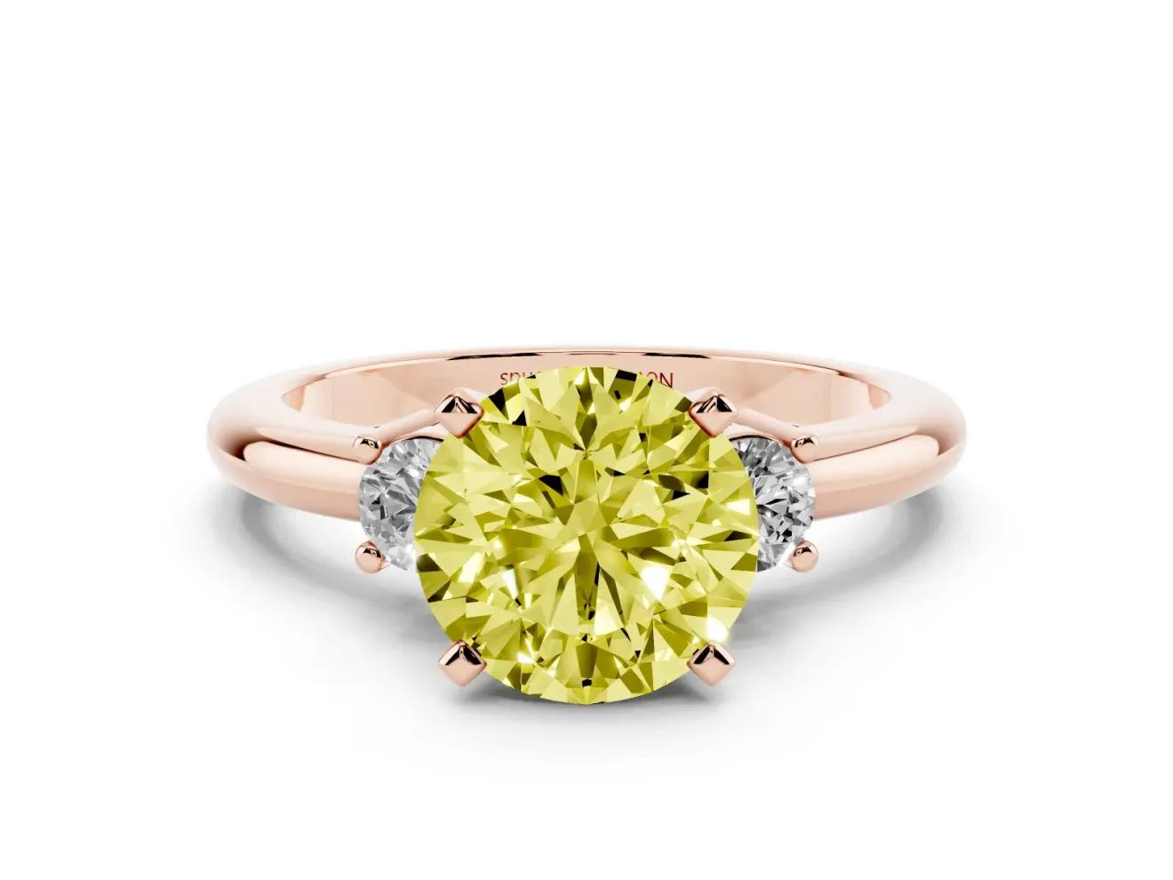 Fancy Yellow Three-Stone Round Cut Diamond Ring Set in Rose gold with Prong Setting and Plain Band