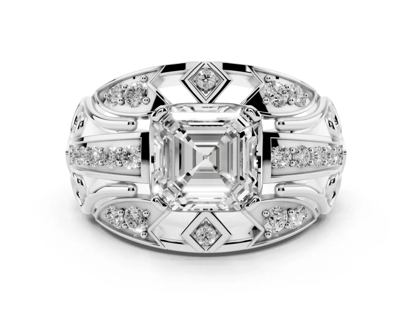 Asscher Cut Art Deco Graduated Pave Engagement Ring Setting | Split Shank | Platinum