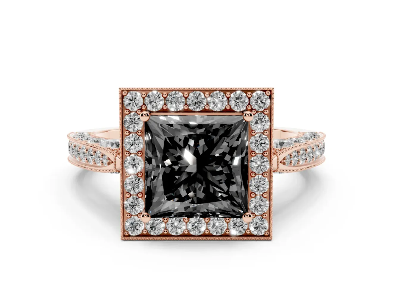 Princess Cut Milgrain Halo Engagement Ring Setting for a Black Center | Side Stones | Rose Gold