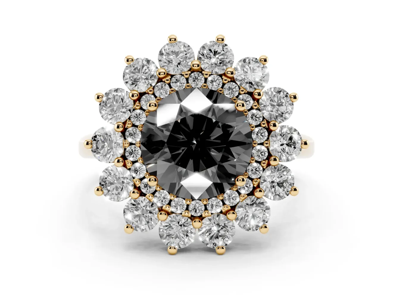 Round Floral Double Halo Engagement Ring Setting for a Black Center | Plain Band | Yellow Gold