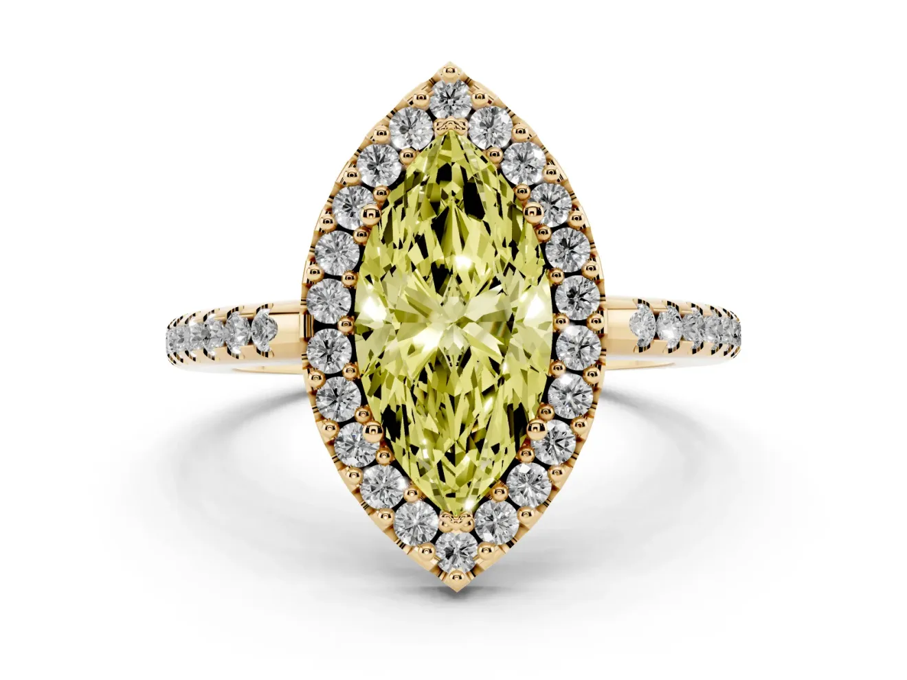 Marquise Pave Halo Engagement Ring Setting for a Fancy Yellow Lab-Grown Diamond | Pave Band | Yellow Gold
