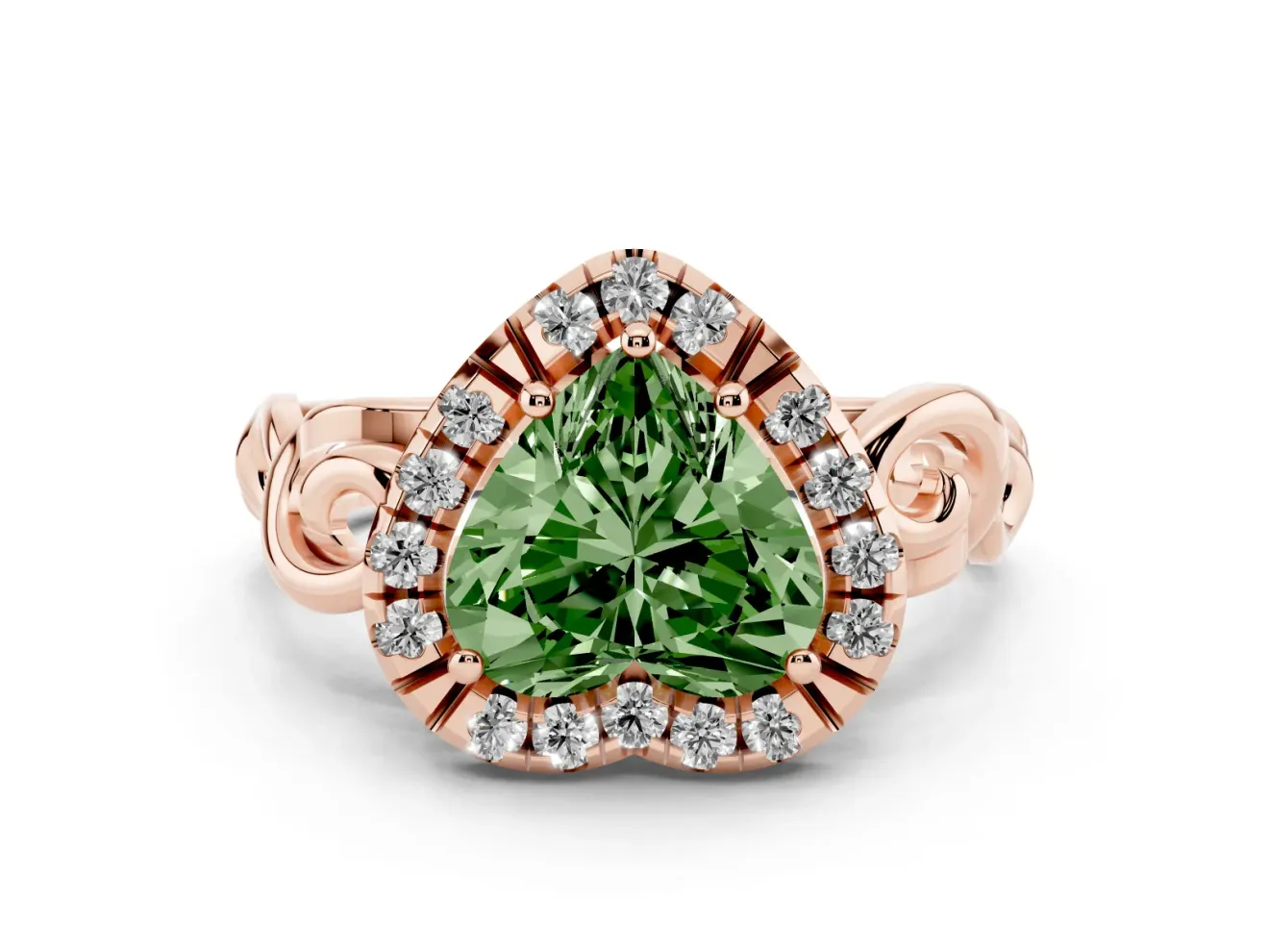 Heart-Shaped Filigree Halo Engagement Ring Setting for a Fancy Green Lab-Grown Diamond | Rose Gold