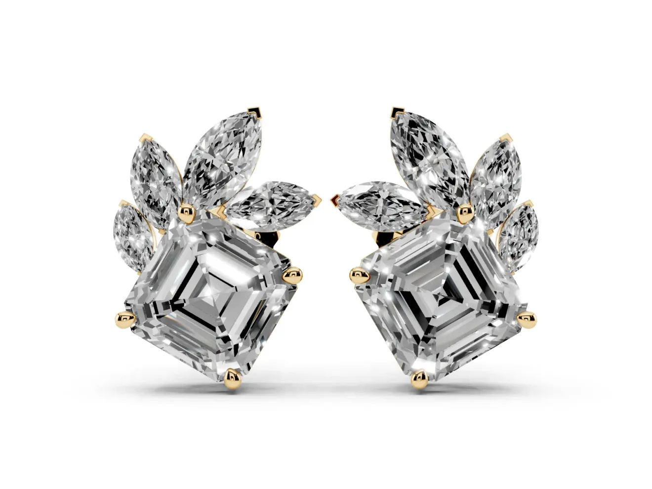 Asscher and Marquise Lab-Grown Diamond Cluster Stud Earrings | Marquise Leaf Spray | Yellow Gold