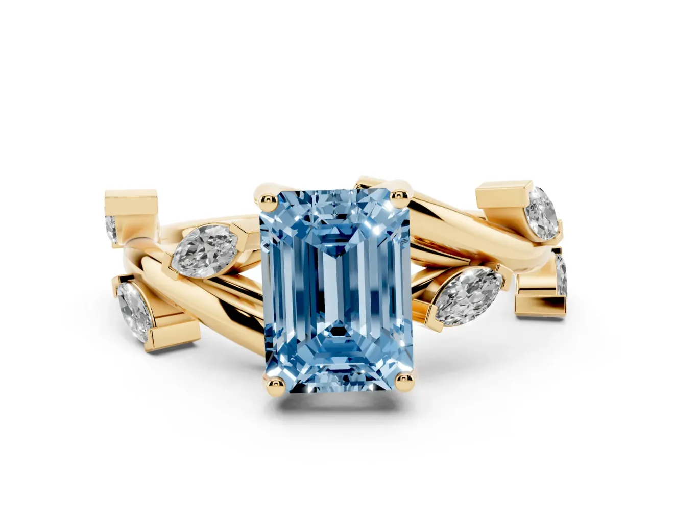 Fancy Blue Emerald Cut Diamond Solitaire Ring Set in Yellow gold with Twisted Marquise Accent Band