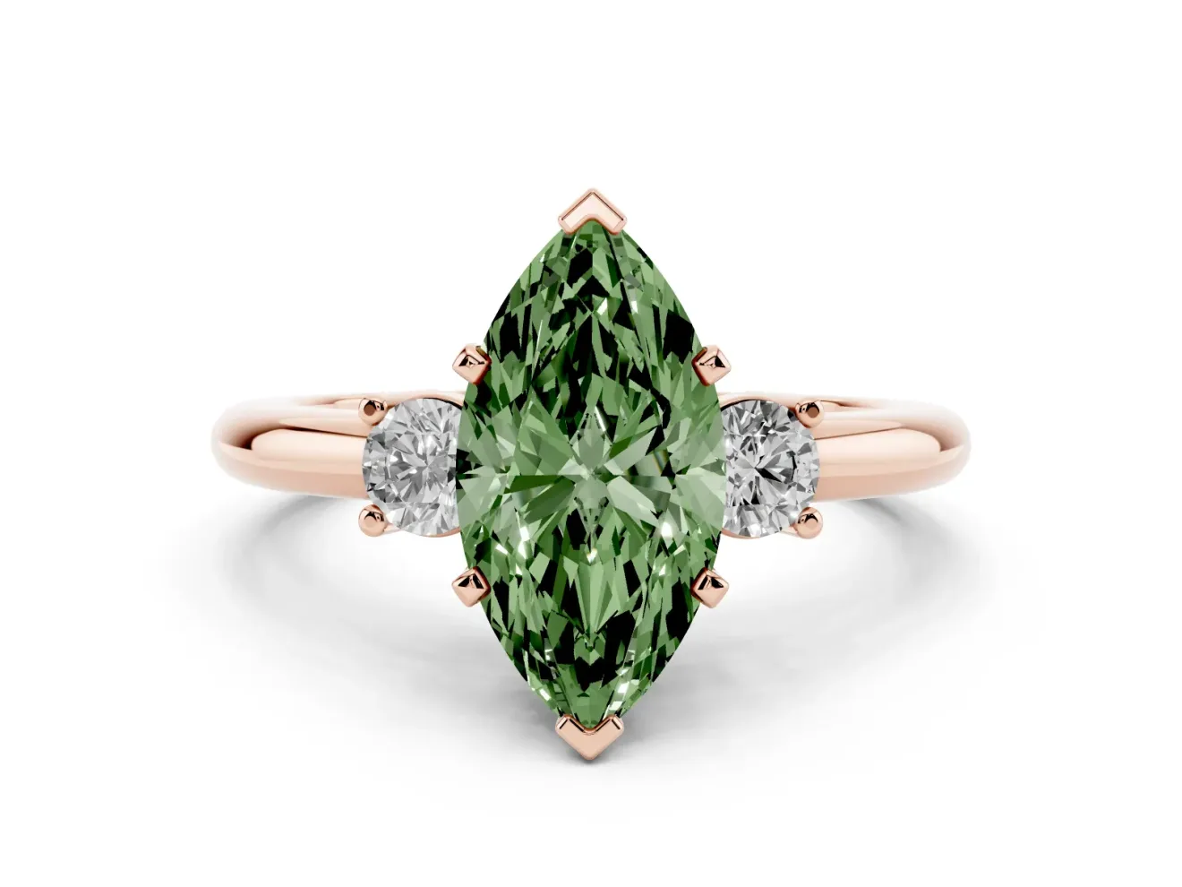 Marquise Three Stone Engagement Ring Setting for a Fancy Green Lab-Grown Diamond | Round Side Stones | Rose Gold