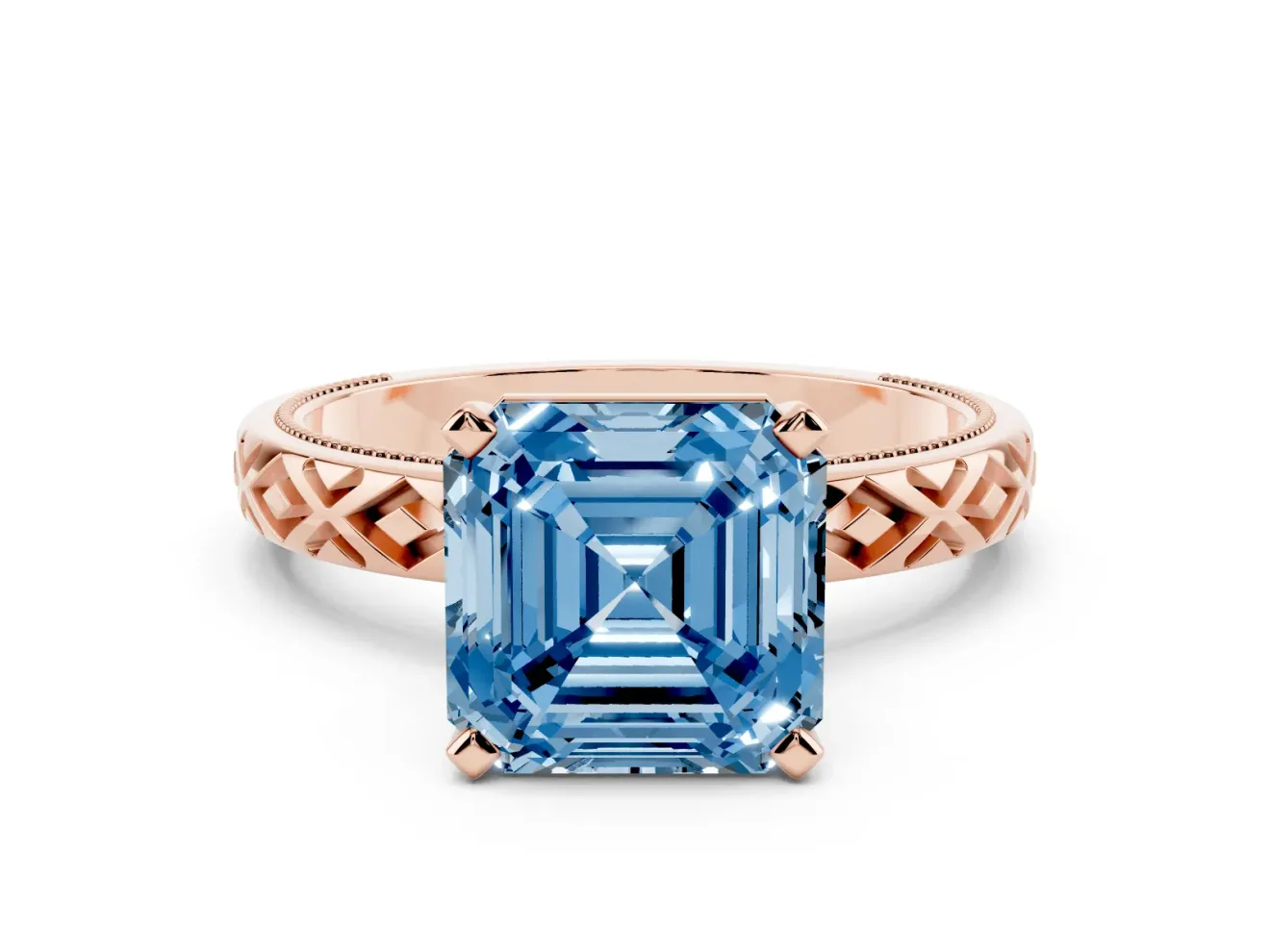 Fancy Blue Asscher Cut Diamond Solitaire Ring Set in Rose gold with Milgrain and Black Enamel X Pattern Band