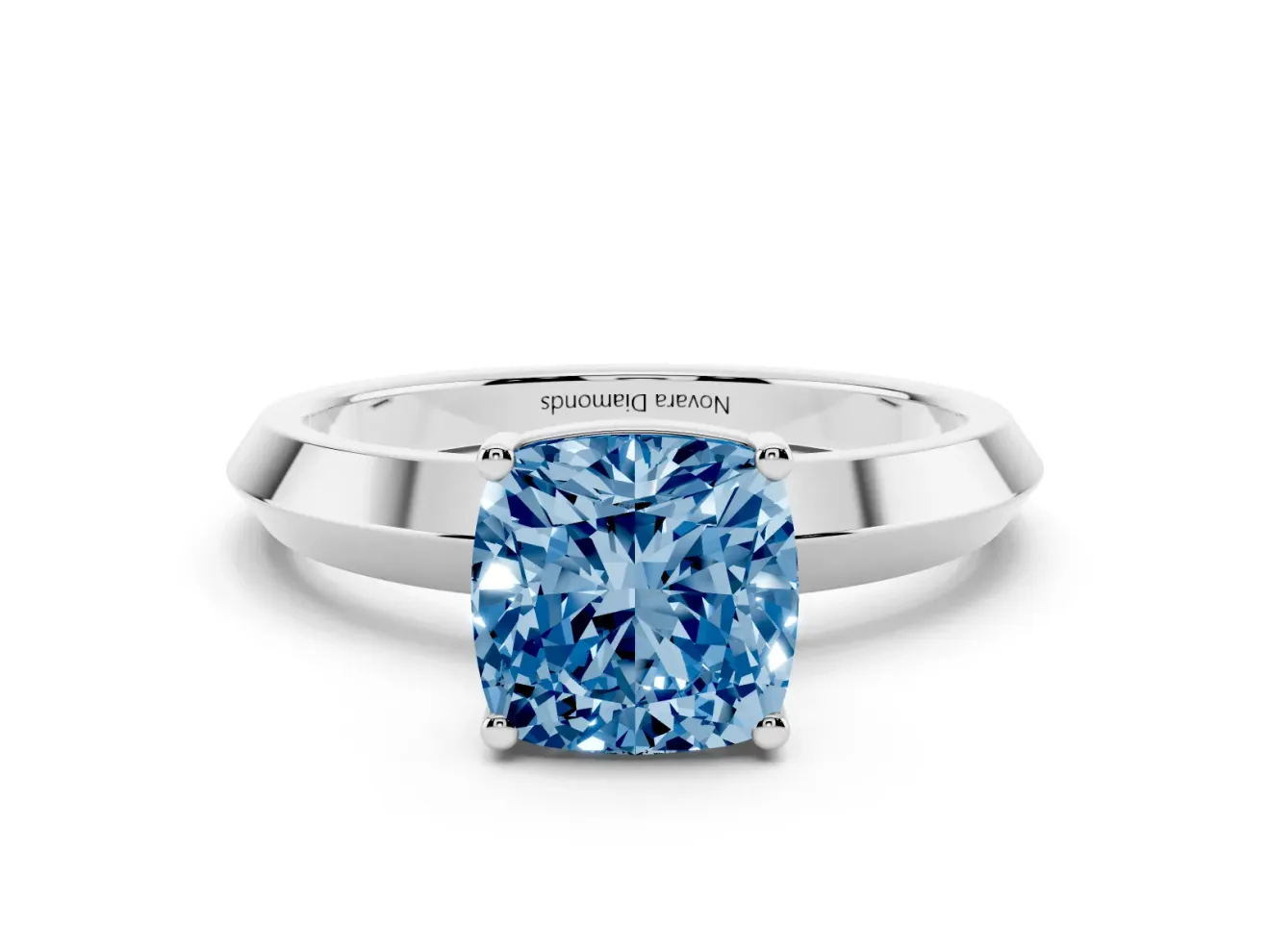 Fancy Blue Cushion Cut Diamond Solitaire Engagement Ring Set in Platinum with Flat Band and Prong Setting