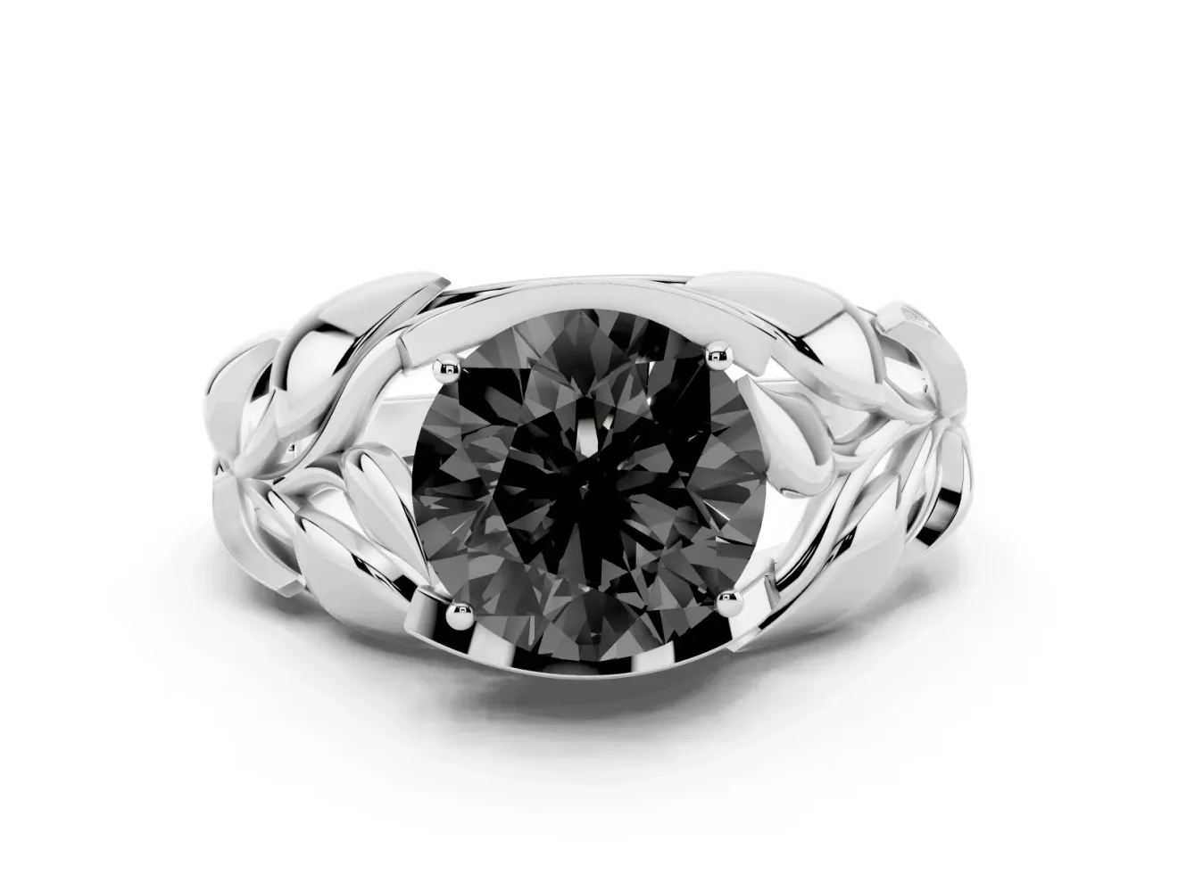 Fancy Black Round Cut Diamond Leaf-Inspired Engagement Ring Set in Silver with Round Accents