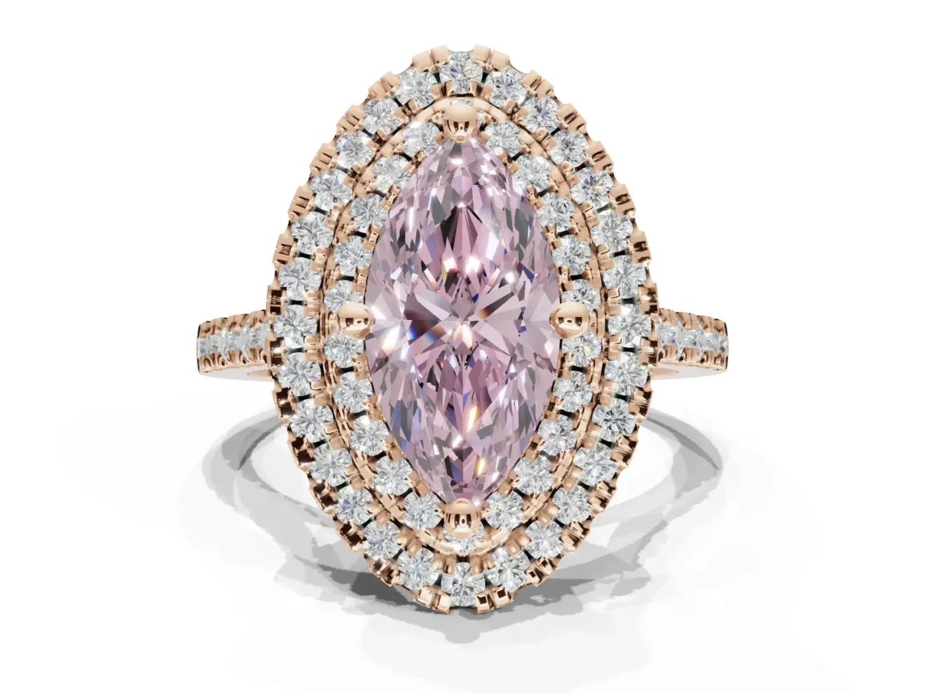 Marquise Double Halo Engagement Ring Setting for a Fancy Pink Lab-Grown Diamond | Pave Shoulders | Rose Gold