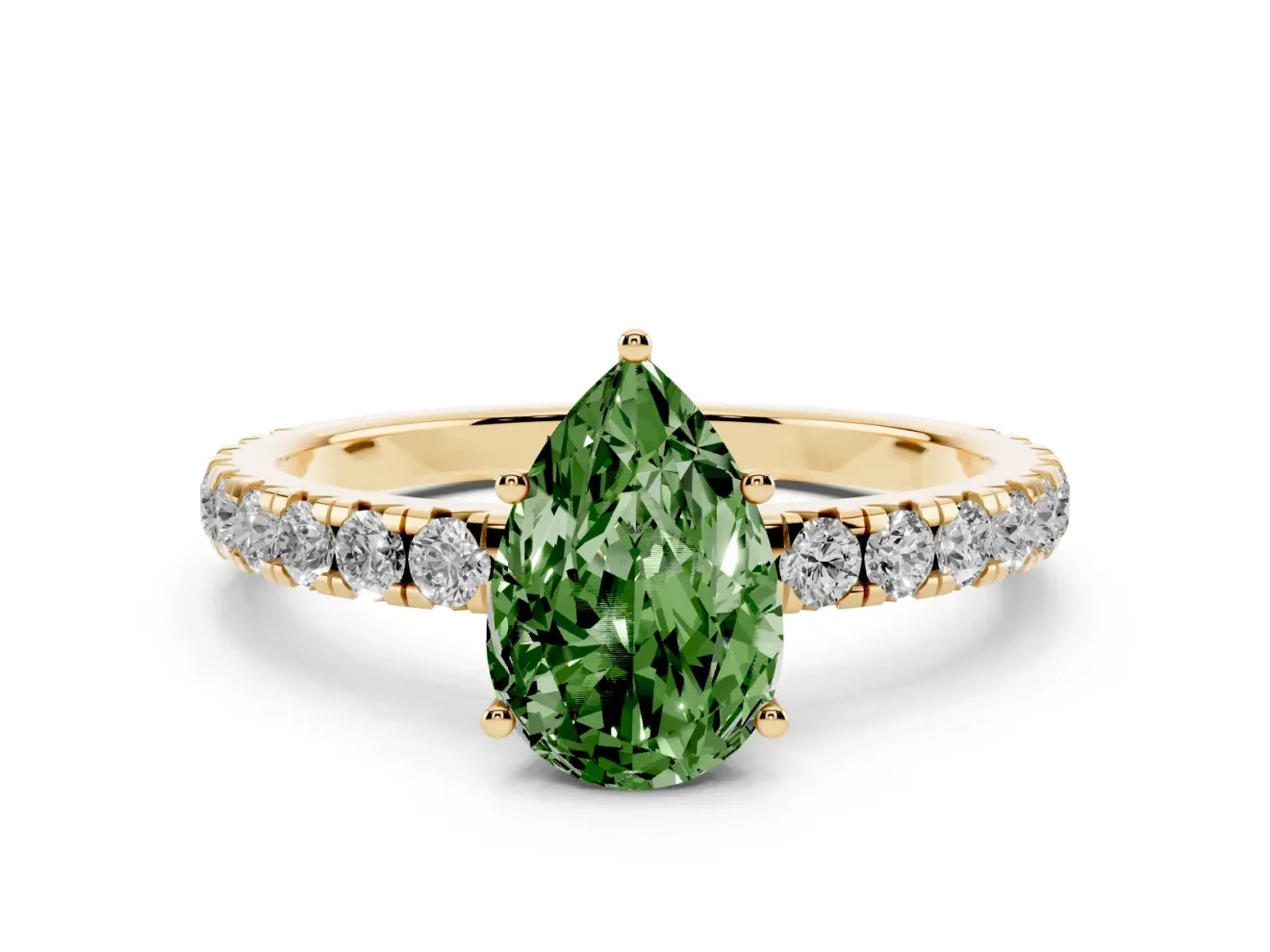Pear-Shaped Pave Solitaire Engagement Ring Setting for a Fancy Green Lab-Grown Diamond | Shared Prong Band | Yellow Gold