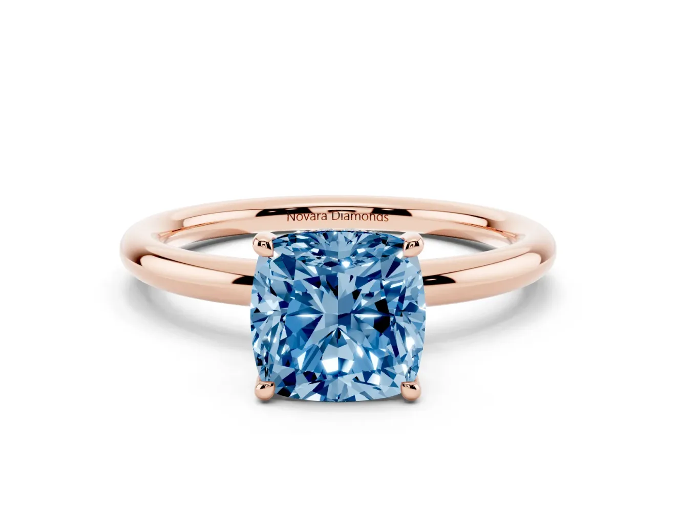 Fancy Blue Cushion Cut Diamond Solitaire Ring Set in Rose gold with Thin Band and Prong Setting