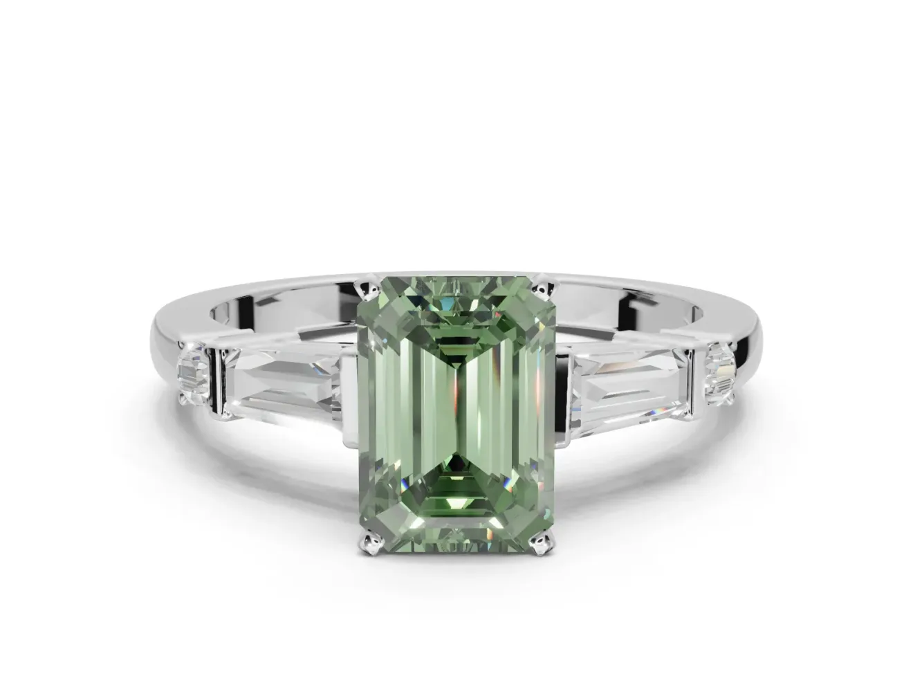 Emerald Cut Tapered Baguette Engagement Ring Setting for a Fancy Green Lab-Grown Diamond | Platinum