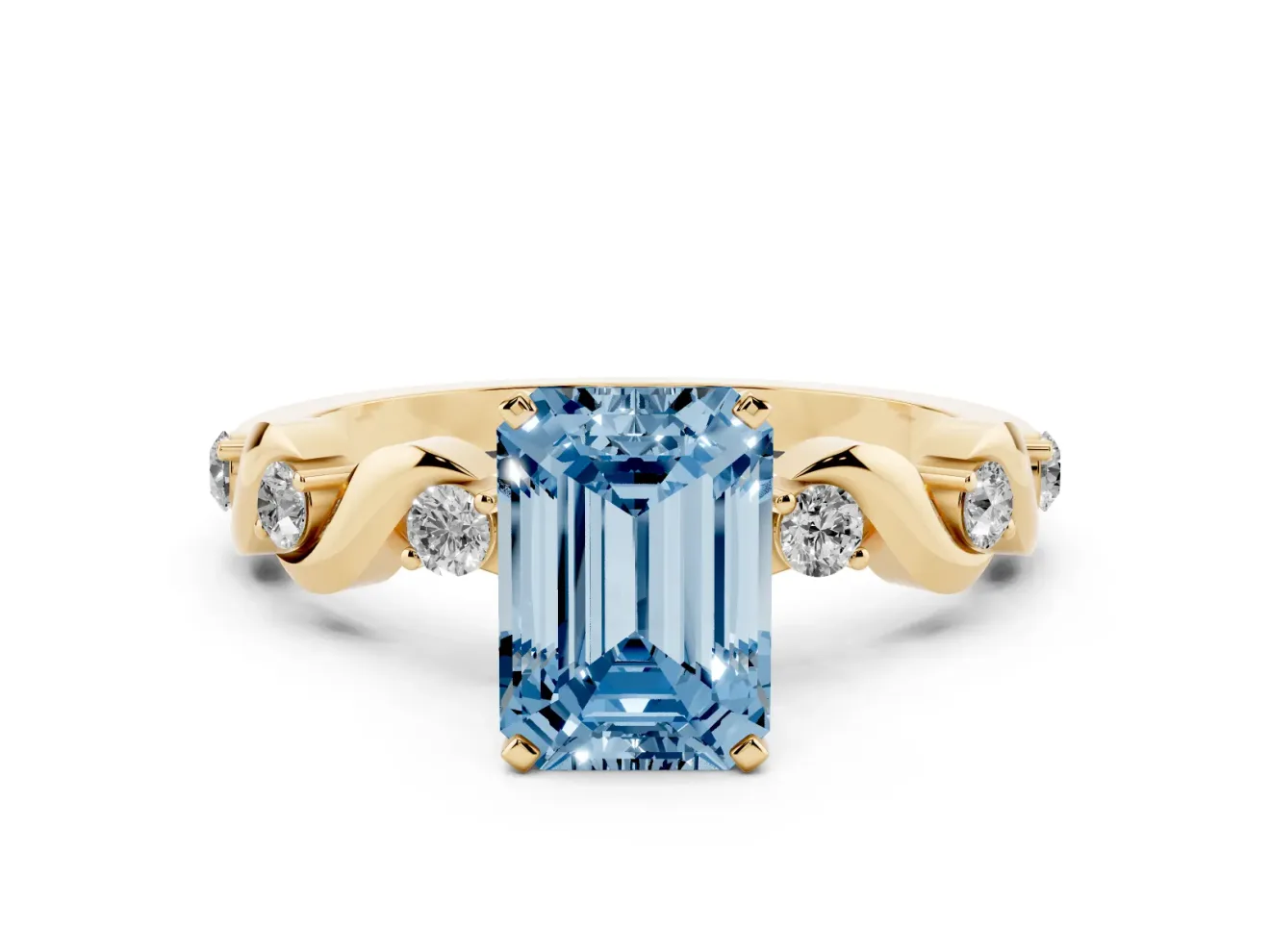 Fancy Blue Emerald Cut Diamond Solitaire Ring Set in Yellow gold with Ribbon Twist Band, Round Accents and Prong Setting