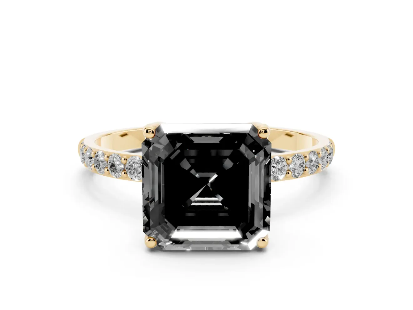 Asscher Cut Pavé Solitaire Engagement Ring Setting for a Black Center | Slim Band | Yellow Gold