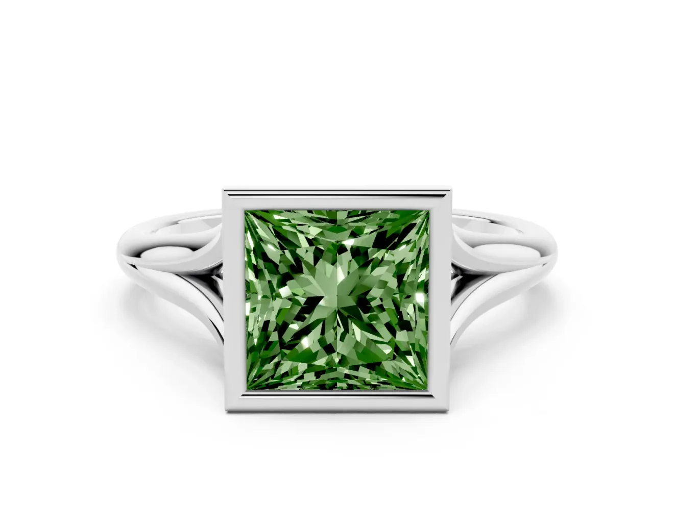 Fancy Green Bezel Set Princess Cut Diamond Solitaire Ring Set in White gold with Tapered Band