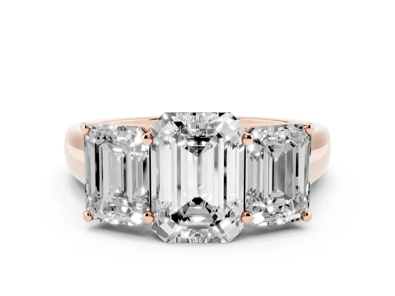 Emerald Cut Three Stone Engagement Ring Setting | Basket Prong Heads | Rose Gold