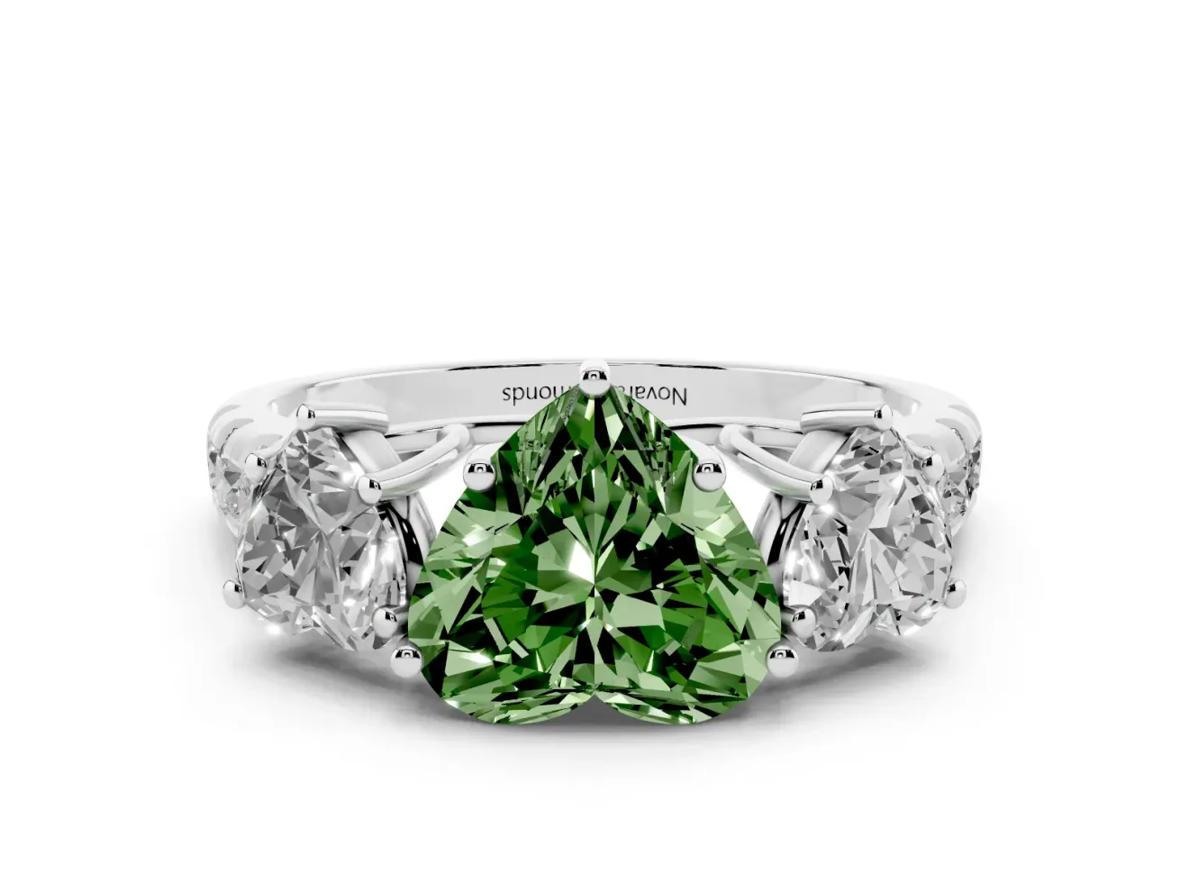 Fancy Green Heart Cut Diamond Three-Stone Ring Set in Silver with Pavé Band