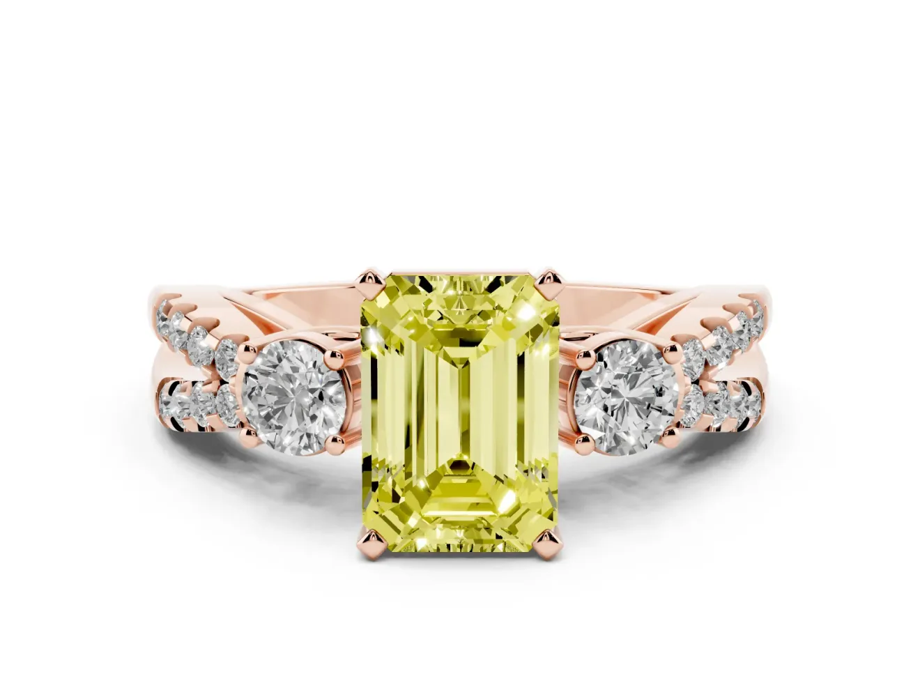 Fancy Yellow Emerald Cut Diamond Three-Stone Ring Set in Rose gold with Pavé Split Shank and Prong Setting