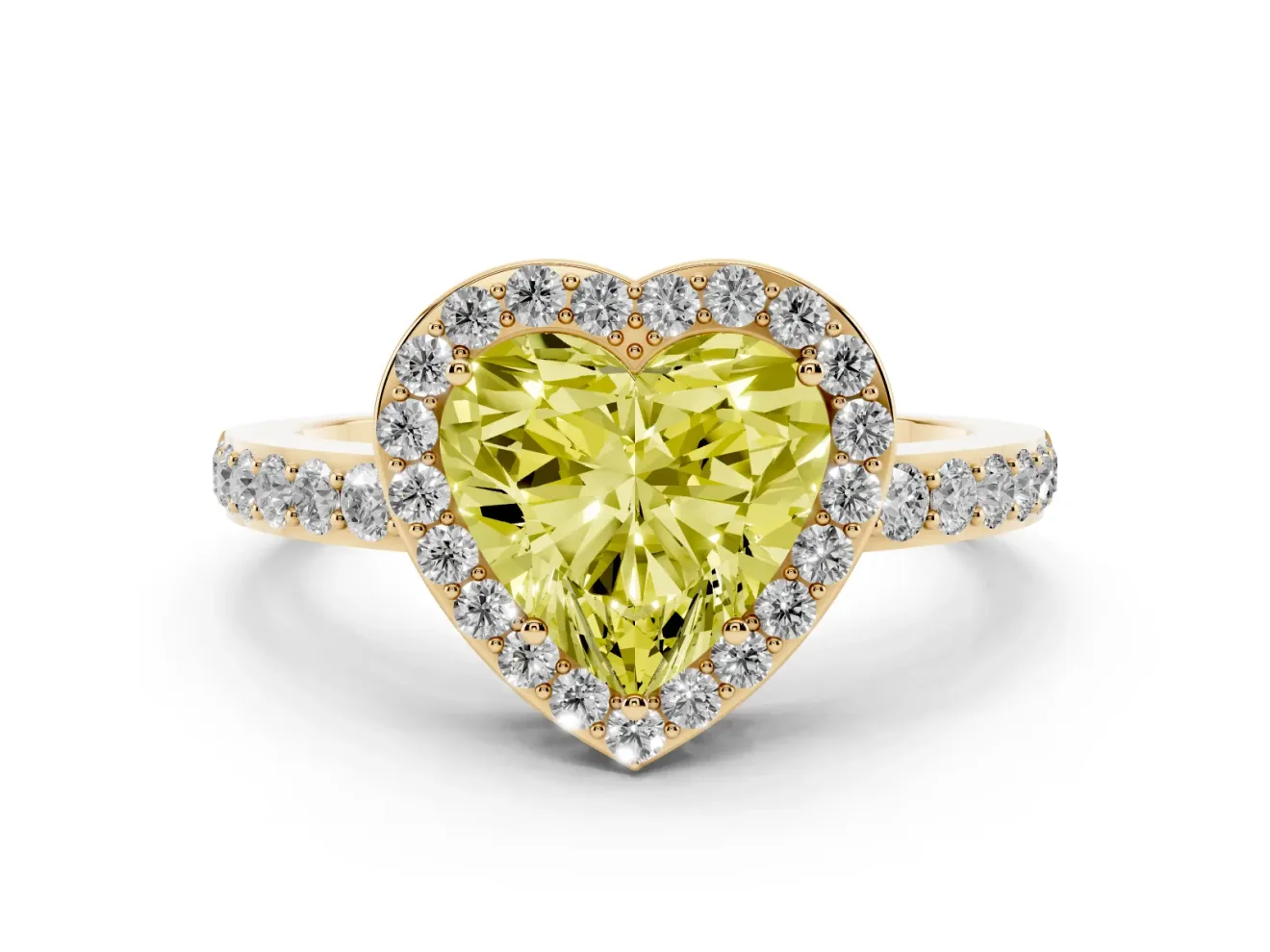 Fancy Yellow Heart Cut Diamond Halo Ring Set in Yellow gold with Pavé-Setting Band and Open Prong Center