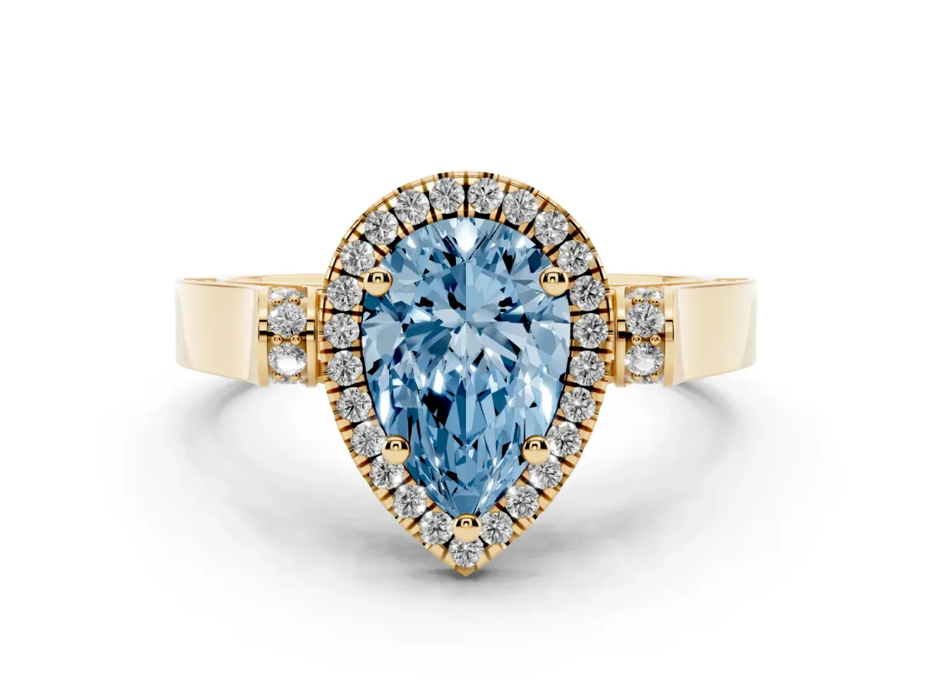 Pear-Shaped Halo Engagement Ring Setting for a Fancy Blue Lab-Grown Diamond | Pavé Panel Shoulders | Yellow Gold