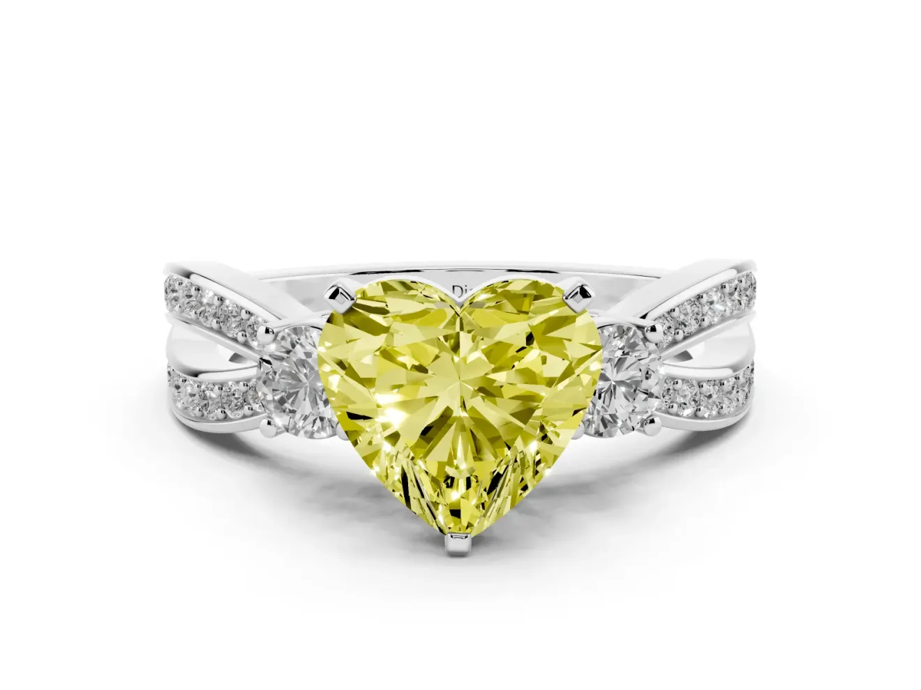 Fancy Yellow Three-Stone Heart Cut Diamond Twist Band Ring Set in Silver with Pavé Accents and Prong Setting