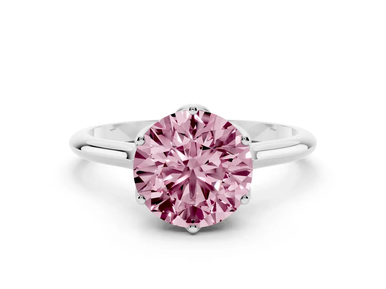 Fancy Pink Round Cut Diamond Solitaire Cathedral Ring Set in Silver with Prong Setting