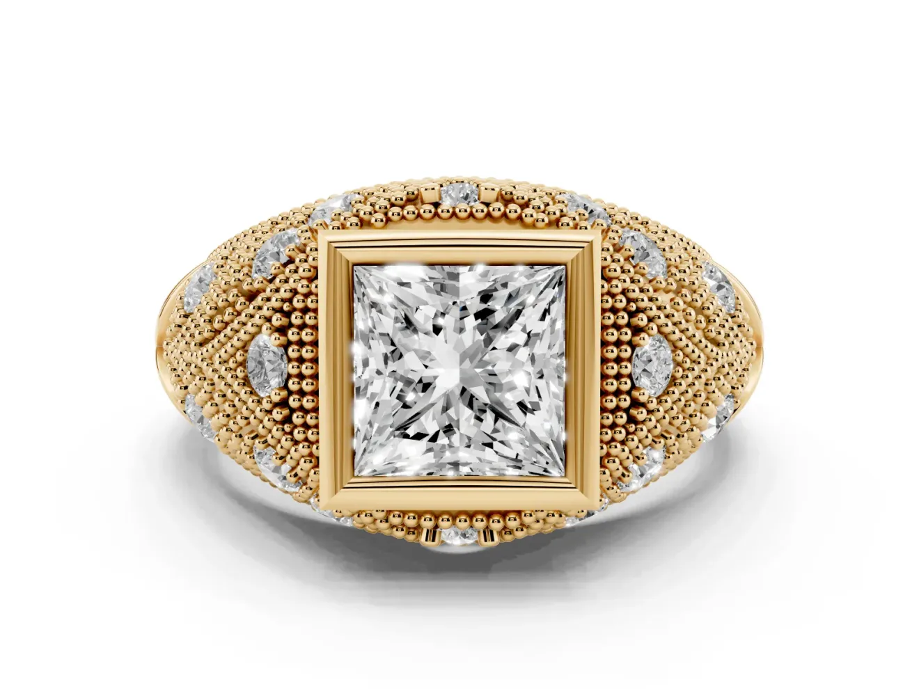 Princess Cut Diamond Bezel Ring Set in Yellow gold with Milgrain Accent Band