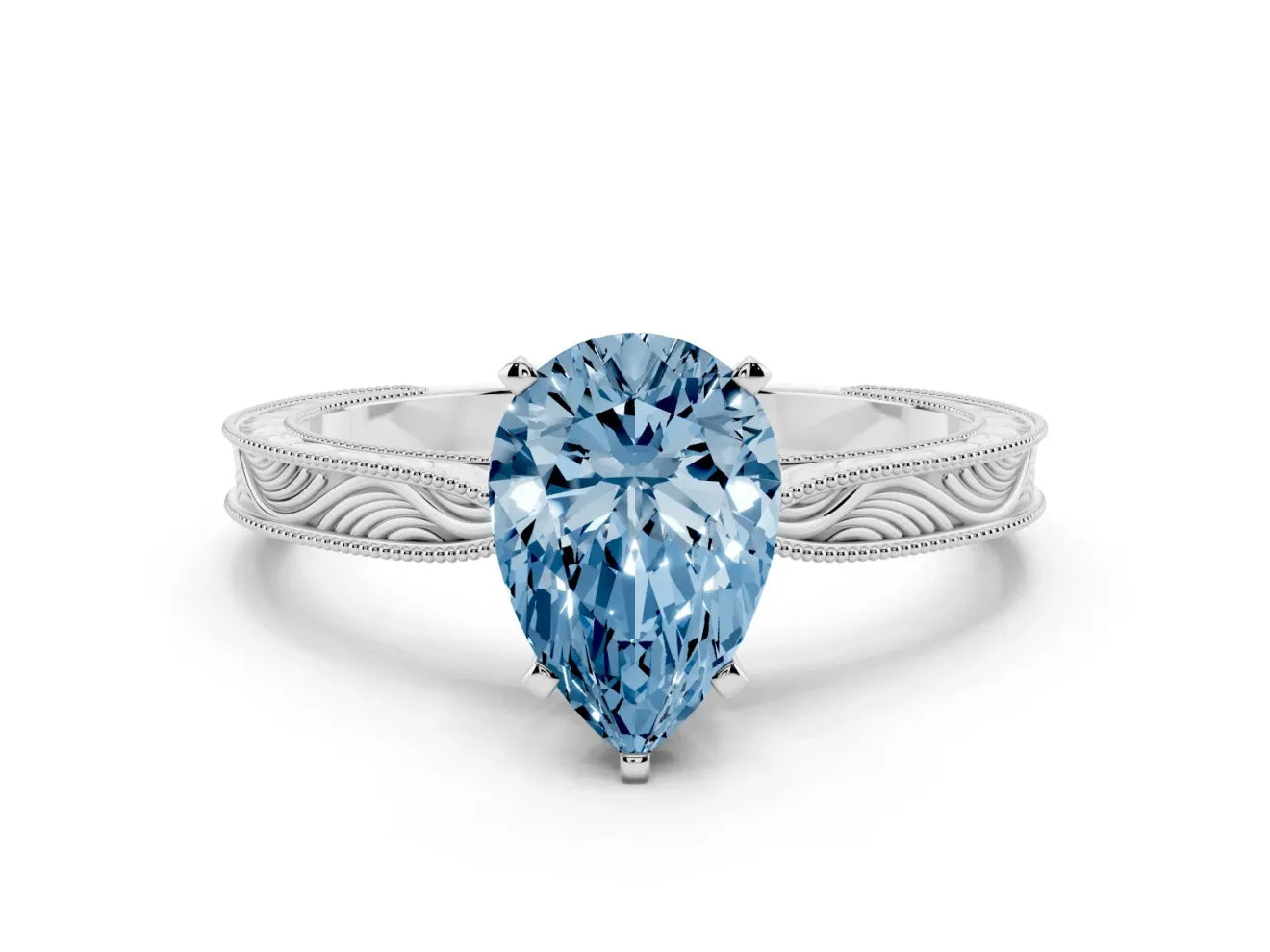 Fancy Blue Pear Cut Diamond Solitaire Milgrain Engraved Band Set in Silver with Prong Setting