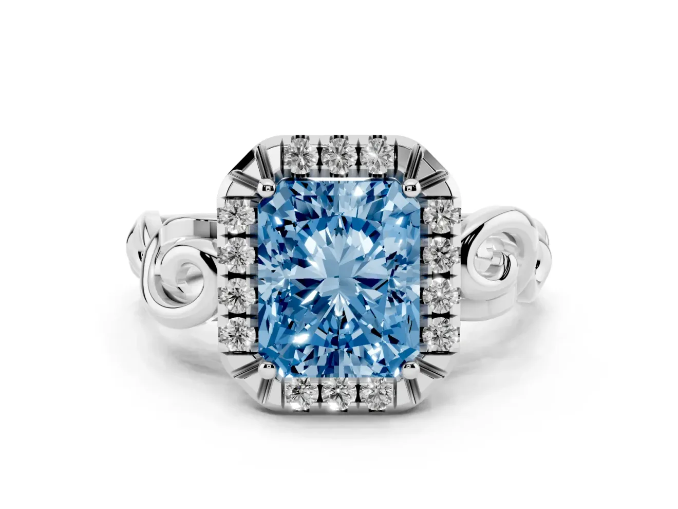 Fancy Blue Radiant Cut Diamond Halo Ring Set in Silver with Scrollwork Band and Prong Setting