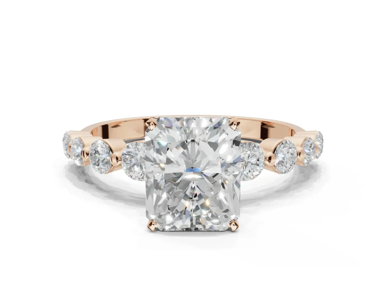 Radiant Cut Graduated Side Stone Engagement Ring Setting | Individually Seated | Rose Gold