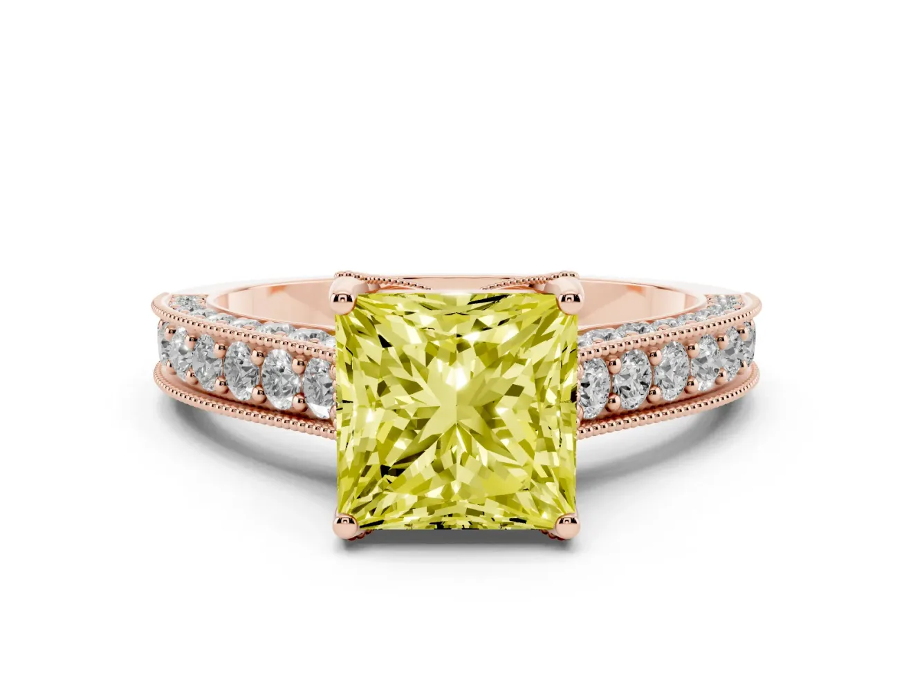 Princess Cut Hidden Halo Engagement Ring Setting for a Fancy Yellow Lab-Grown Diamond | Milgrain Pave | Rose Gold