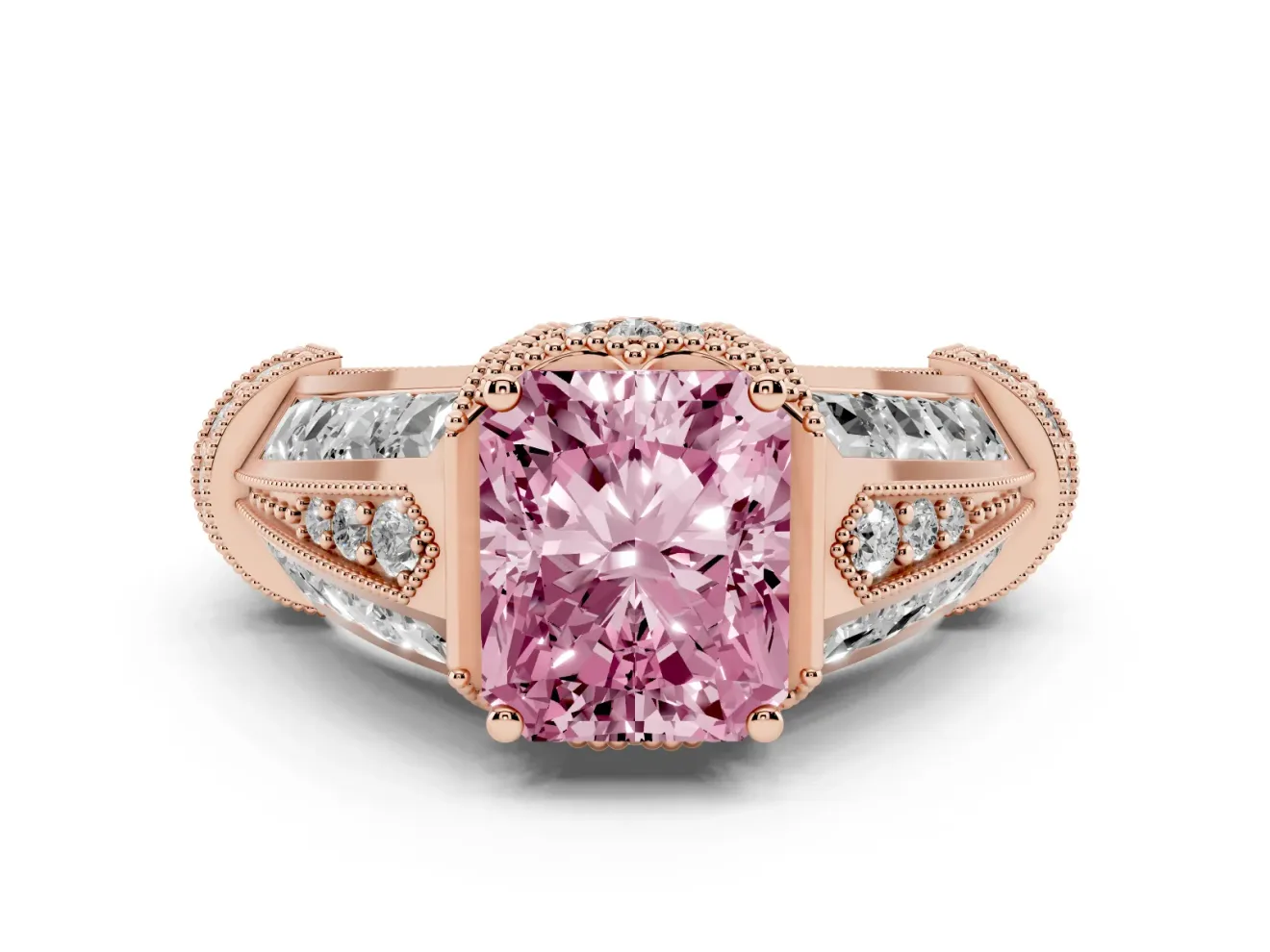 Radiant Cut Vintage Milgrain Engagement Ring Setting for a Fancy Pink Lab-Grown Diamond | Hidden Halo | Rose Gold