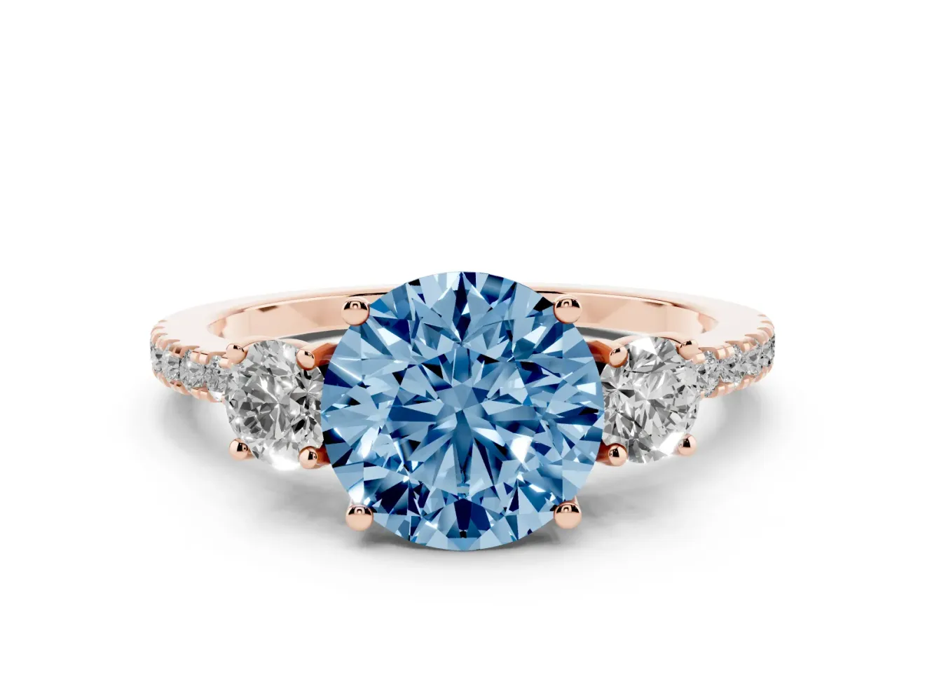 Round Three Stone Engagement Ring Setting for a Fancy Blue Lab-Grown Diamond | Pave Shoulders | Rose Gold