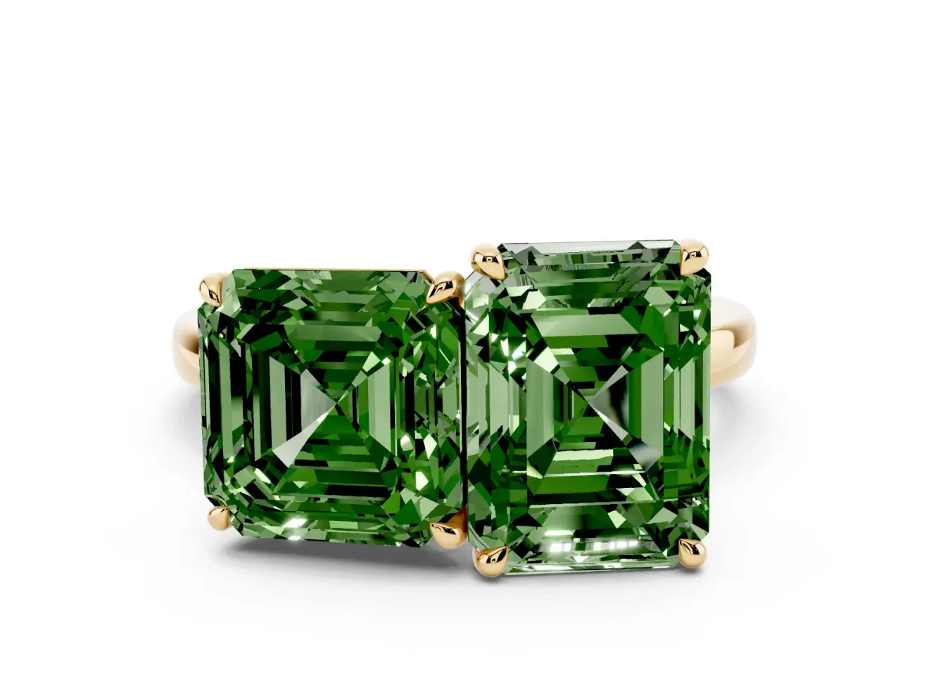 Fancy Green Asscher Cut and Emerald Cut Toi Moi Ring Set in Yellow gold with Prong Setting