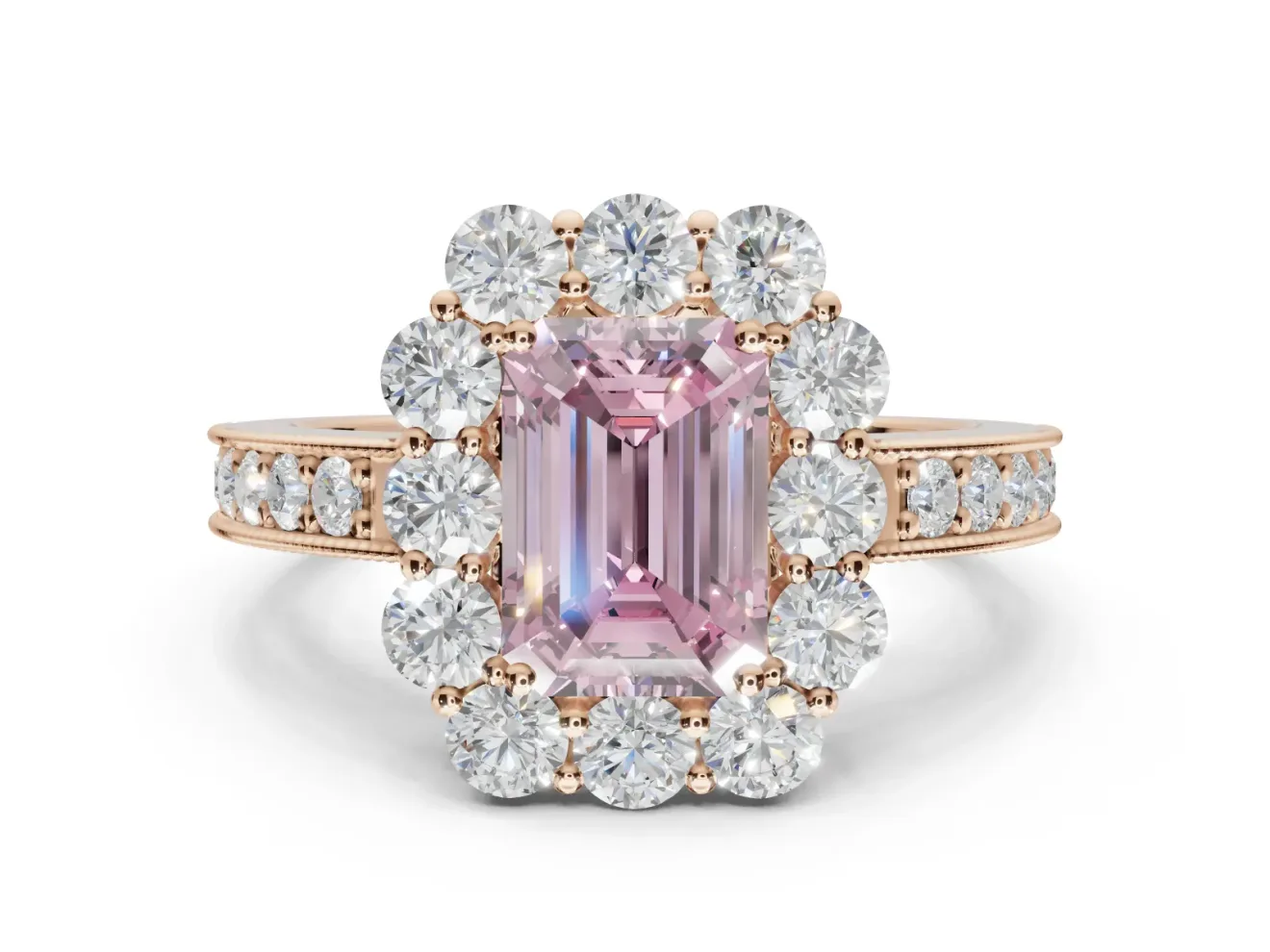 Emerald Cut Vintage Halo Engagement Ring Setting for a Fancy Pink Lab-Grown Diamond | Rose Gold