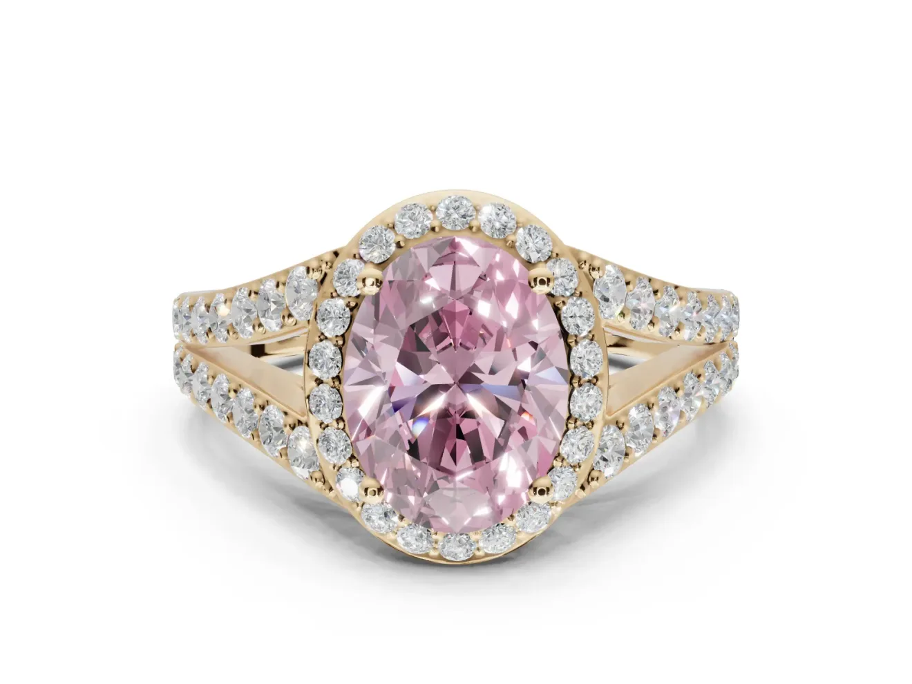 Oval Halo Pavé Engagement Ring Setting for a Fancy Pink Lab-Grown Diamond | Narrow Split Shank | Yellow Gold