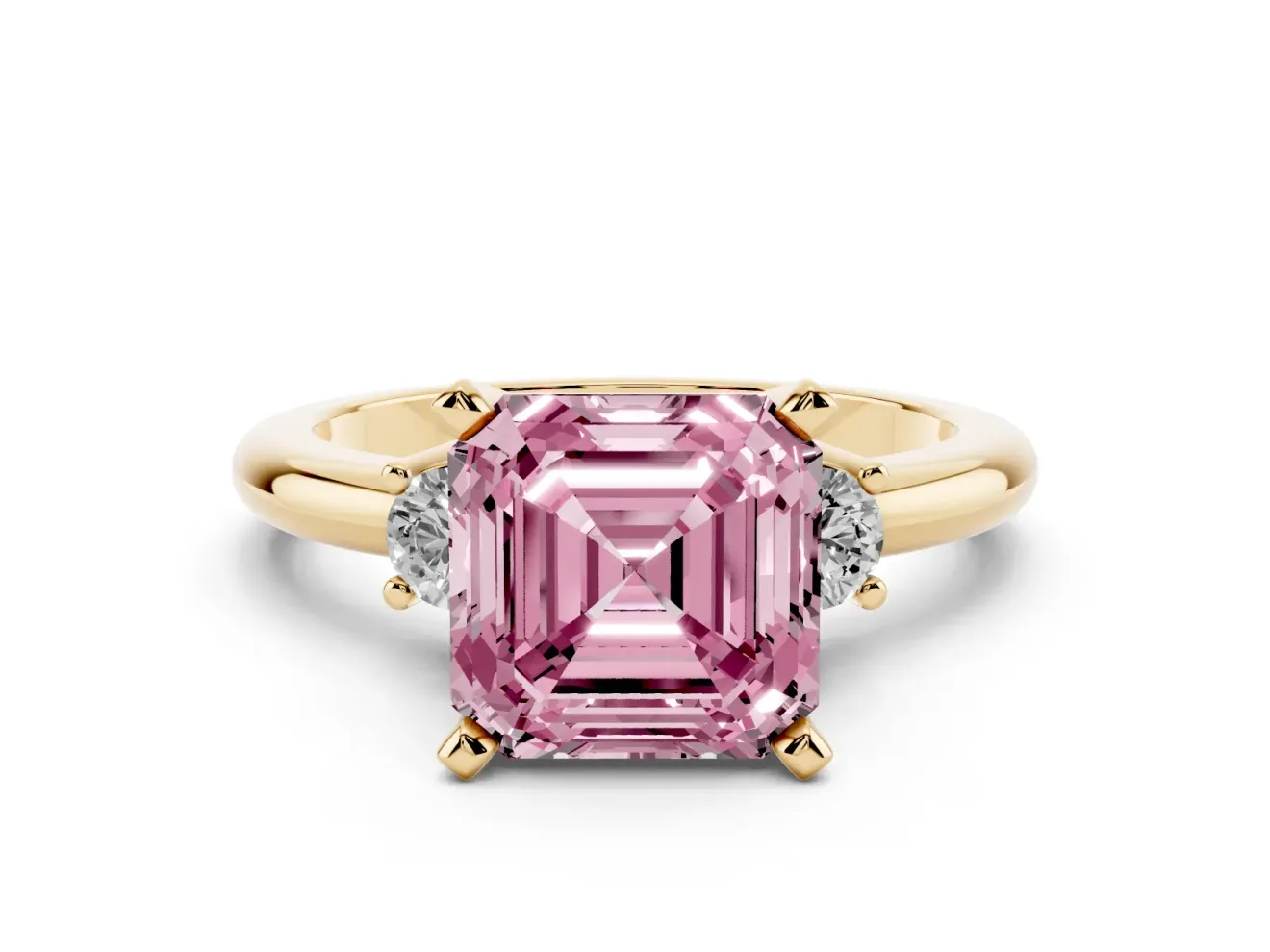 Fancy Pink Three-Stone Asscher Cut Diamond Ring Set in Yellow gold with Prong Setting and Plain Band