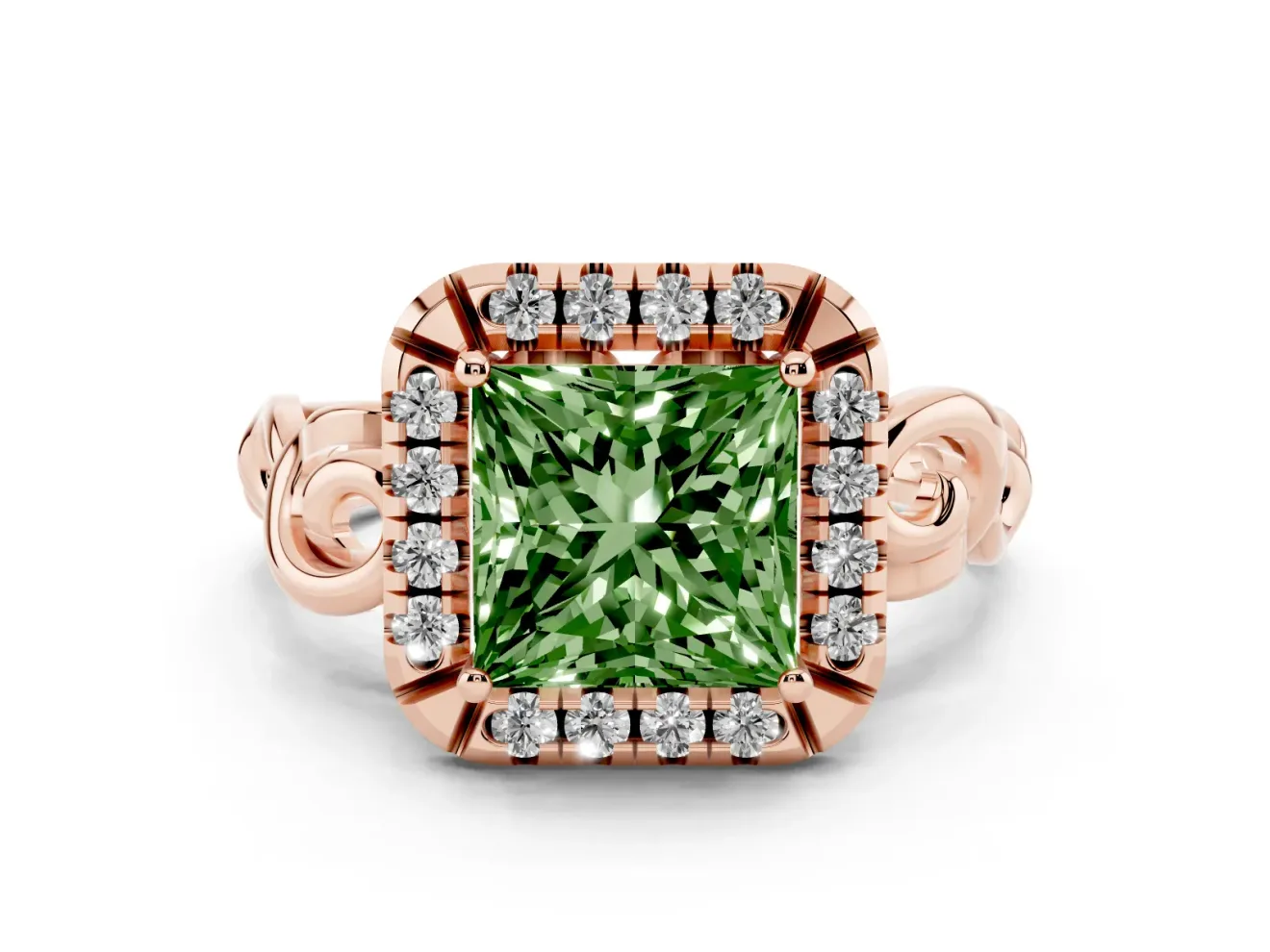 Fancy Green Princess Cut Diamond Halo Ring Set in Rose gold with Scrollwork Band and Prong Setting