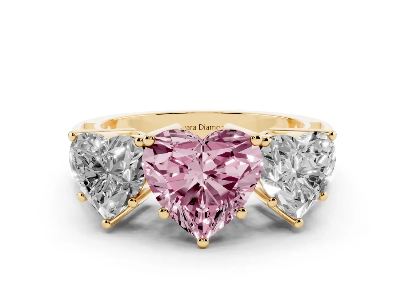Heart-Shaped Three Stone Engagement Ring Setting for a Fancy Pink Lab-Grown Diamond | Beaded Shoulders | Yellow Gold