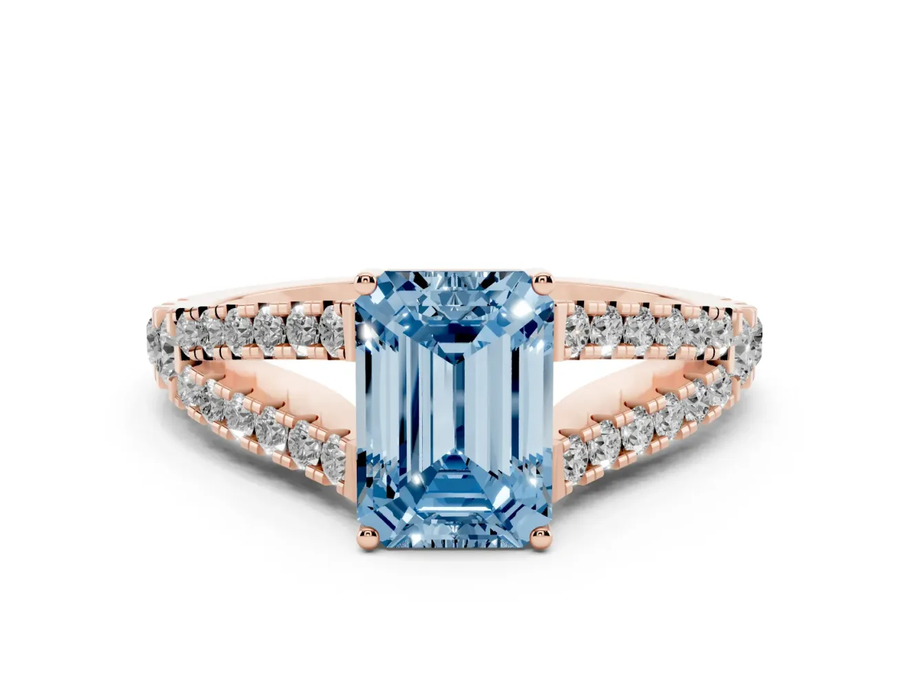 Emerald Cut Graduated Split Shank Engagement Ring Setting for a Fancy Blue Lab-Grown Diamond | Rose Gold