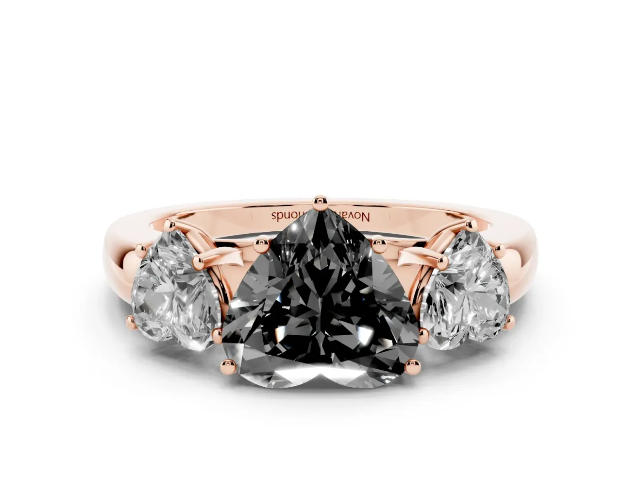 Heart-Shaped Three Stone Engagement Ring Setting for a Black Center | Plain Band | Rose Gold
