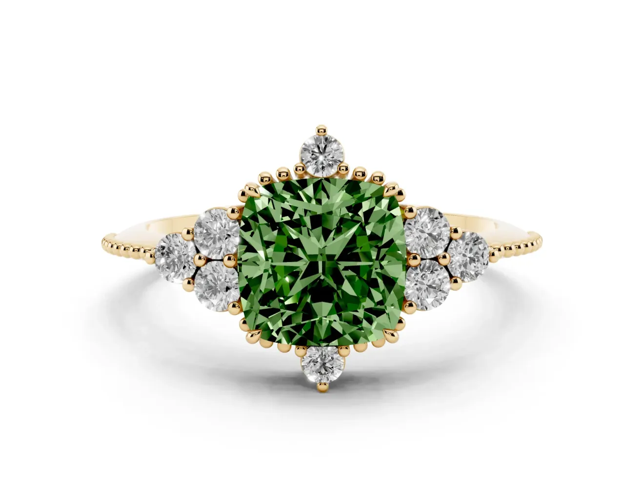 Cushion Cut Cluster Engagement Ring Setting for a Fancy Green Lab-Grown Diamond | Yellow Gold