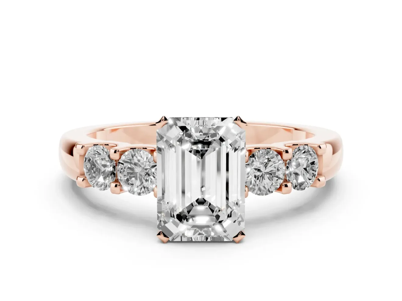 Emerald Cut Five Stone Engagement Ring Setting | Prong-Set Side Stones | Rose Gold