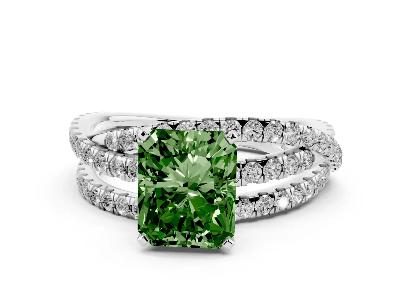 Fancy Green Radiant Cut Diamond Solitaire Twist Band Ring Set in Silver with Pavé Setting and Prong Head