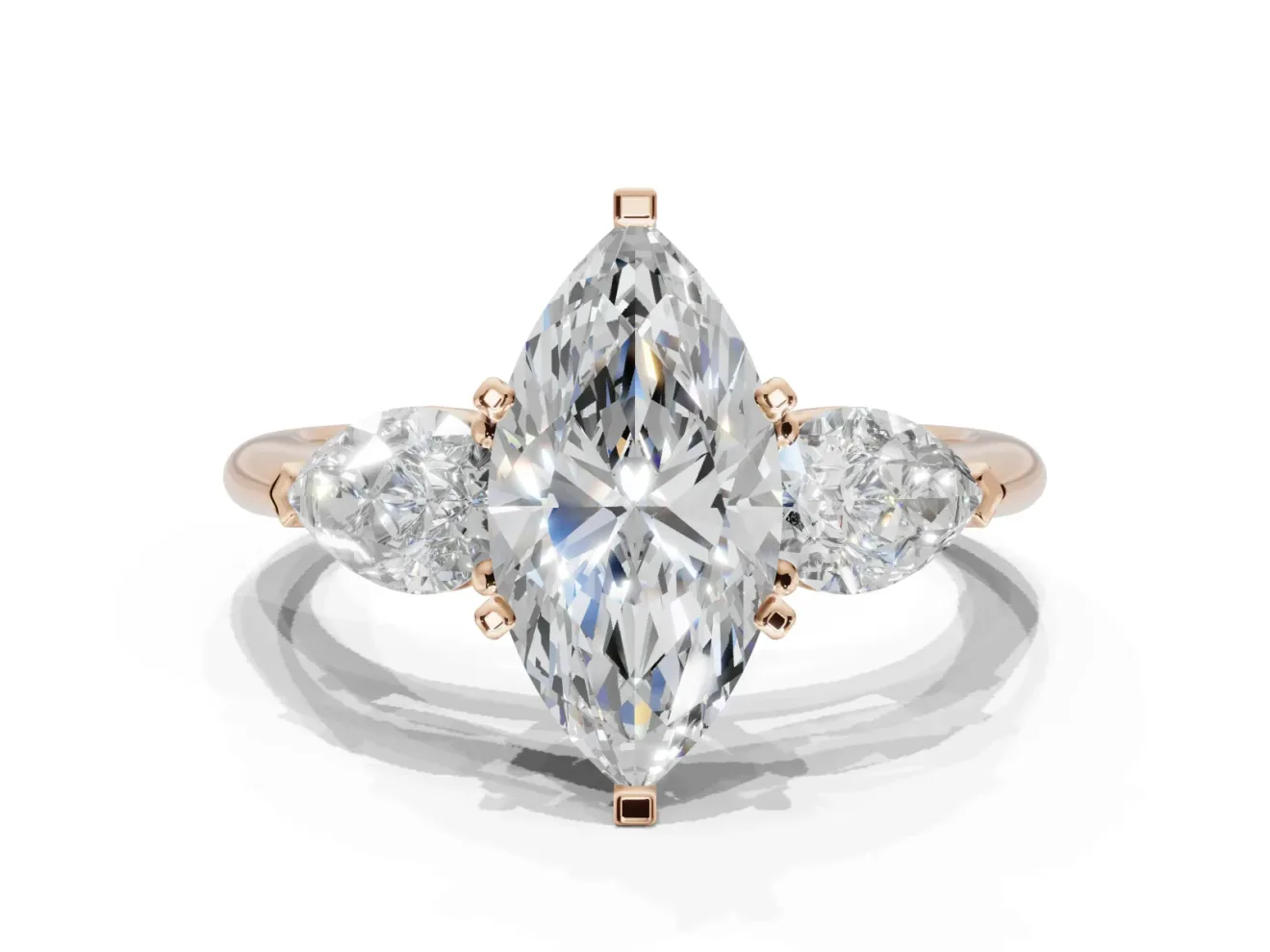 Marquise Three-Stone Engagement Ring Setting | Pear Side Stones | Rose Gold