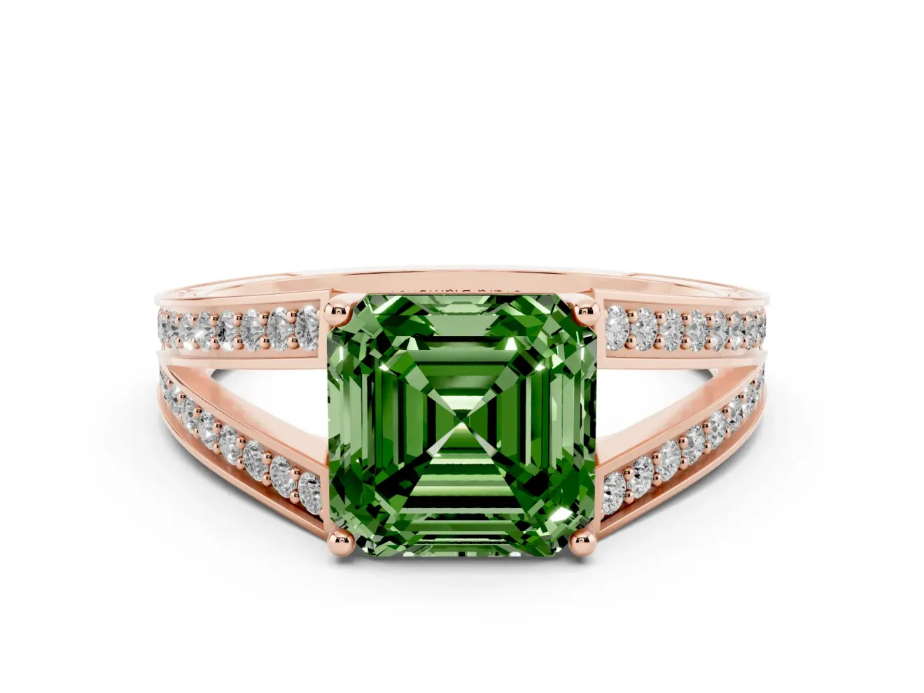 Fancy Green Asscher Cut Diamond Split Shank Ring Set in Rose gold with Pavé Band and Prong Setting