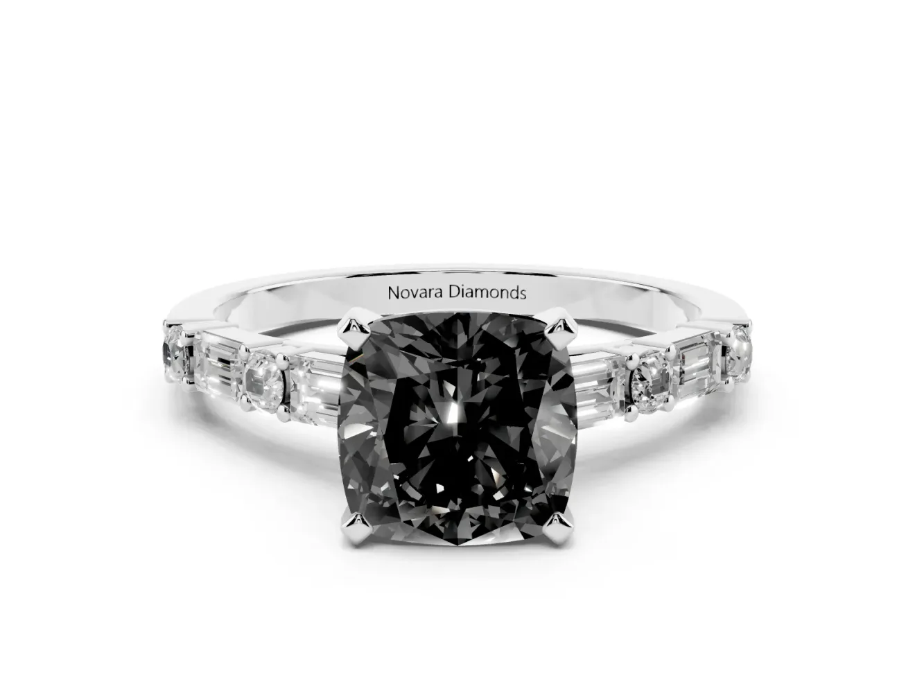 Fancy Black Cushion Cut Diamond Solitaire Set in Silver with Side Baguettes and Channel Set Band