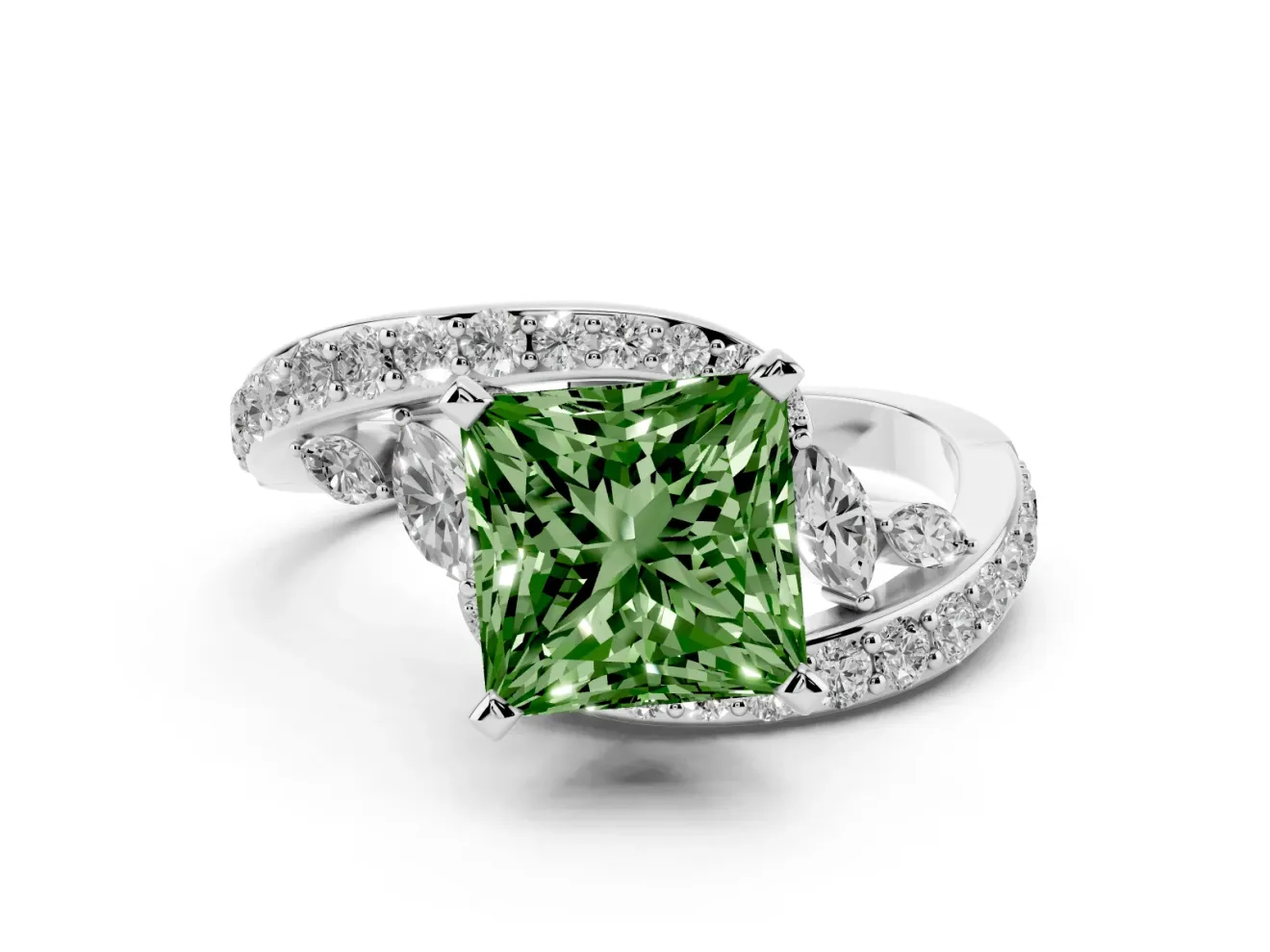 Fancy Green Princess Cut Diamond Solitaire Ring Set in White gold with Pavé Twist Band and Secure Prong Setting