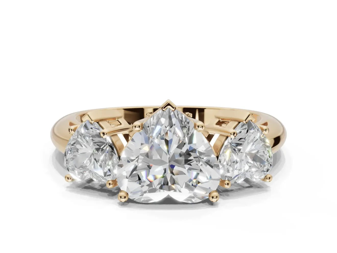 Heart-Shaped Three Stone Engagement Ring Setting | Plain Band | Yellow Gold